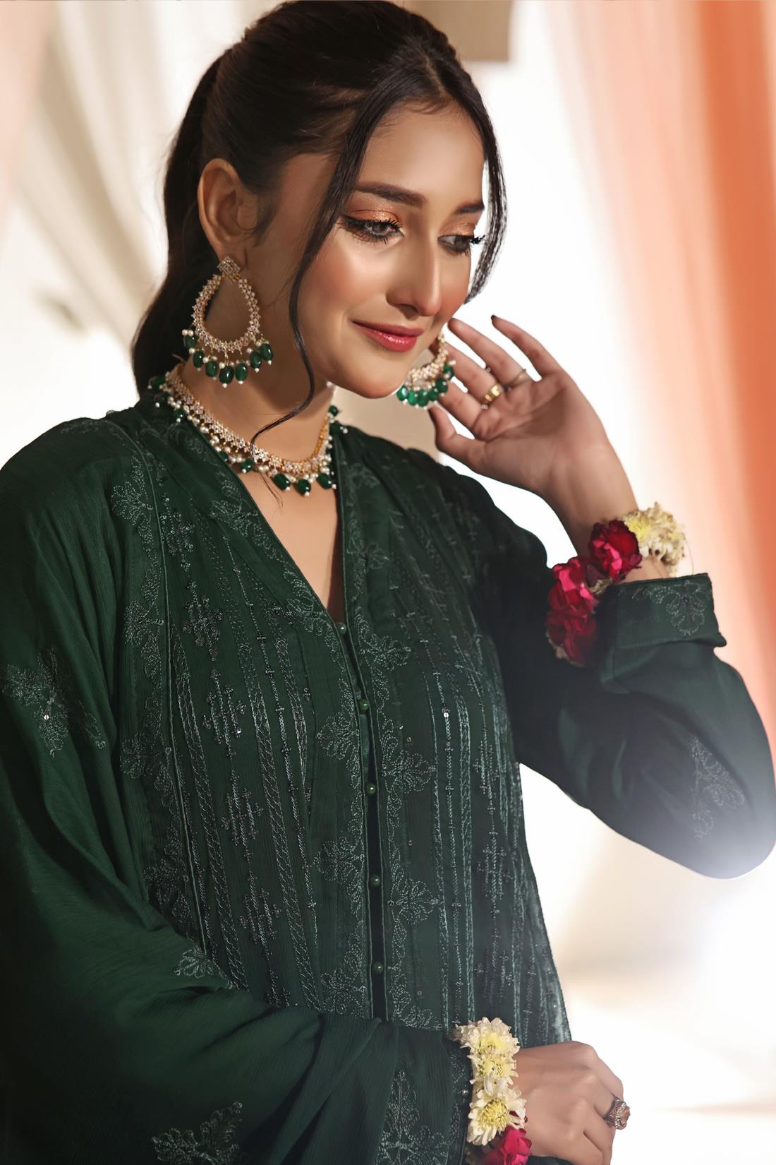 Bottle Green Cutwork Raw Silk Luxury Pret