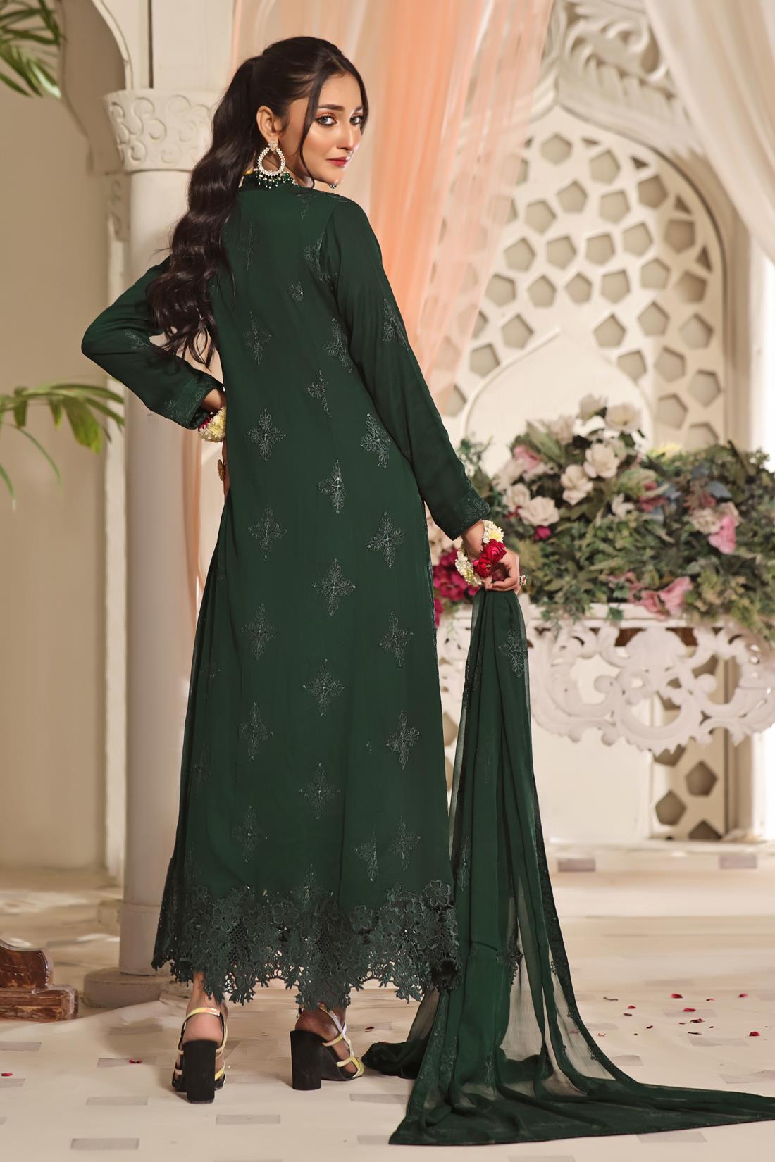 Bottle Green Cutwork Raw Silk Luxury Pret