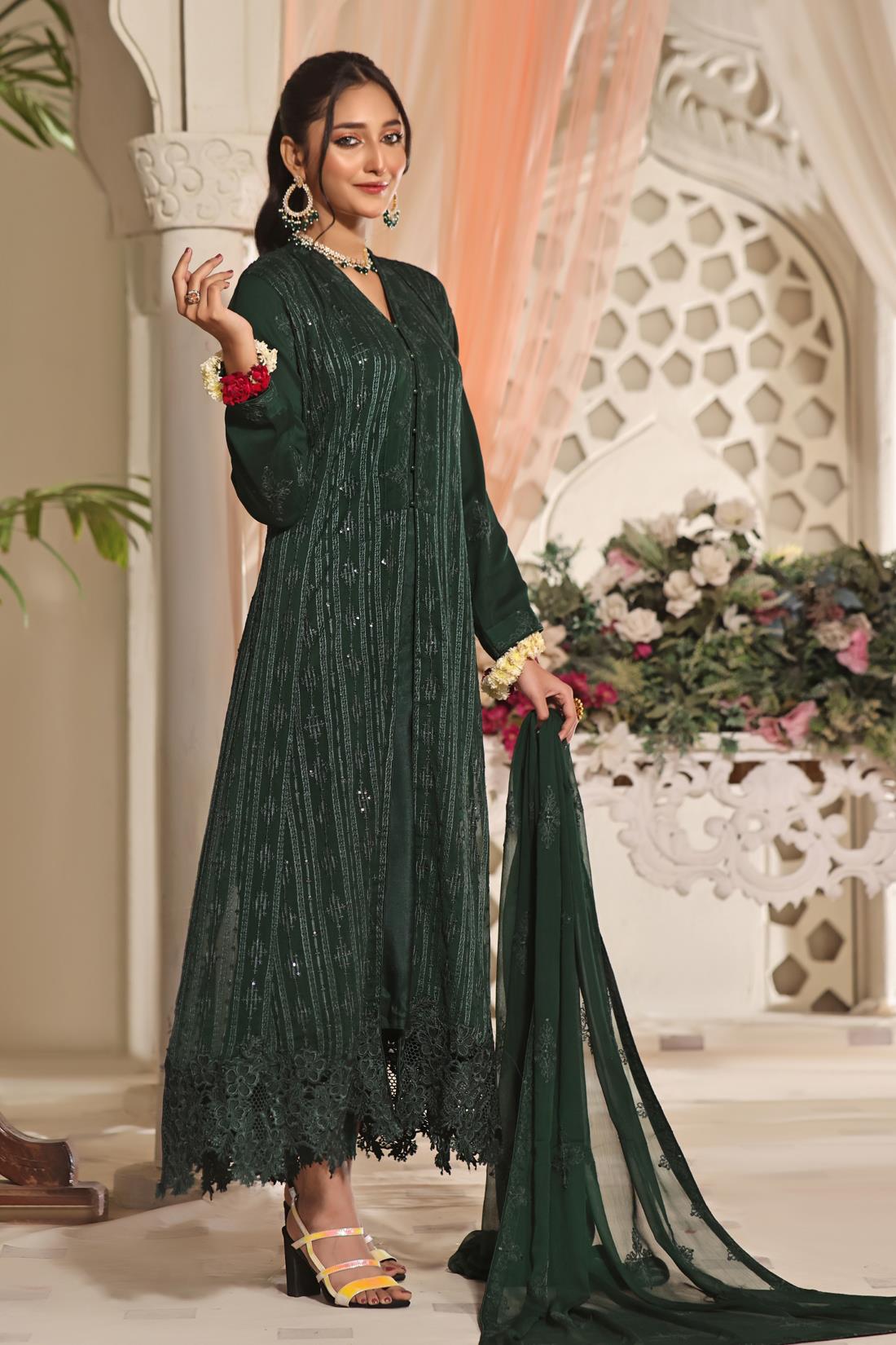Bottle Green Cutwork Raw Silk Luxury Pret