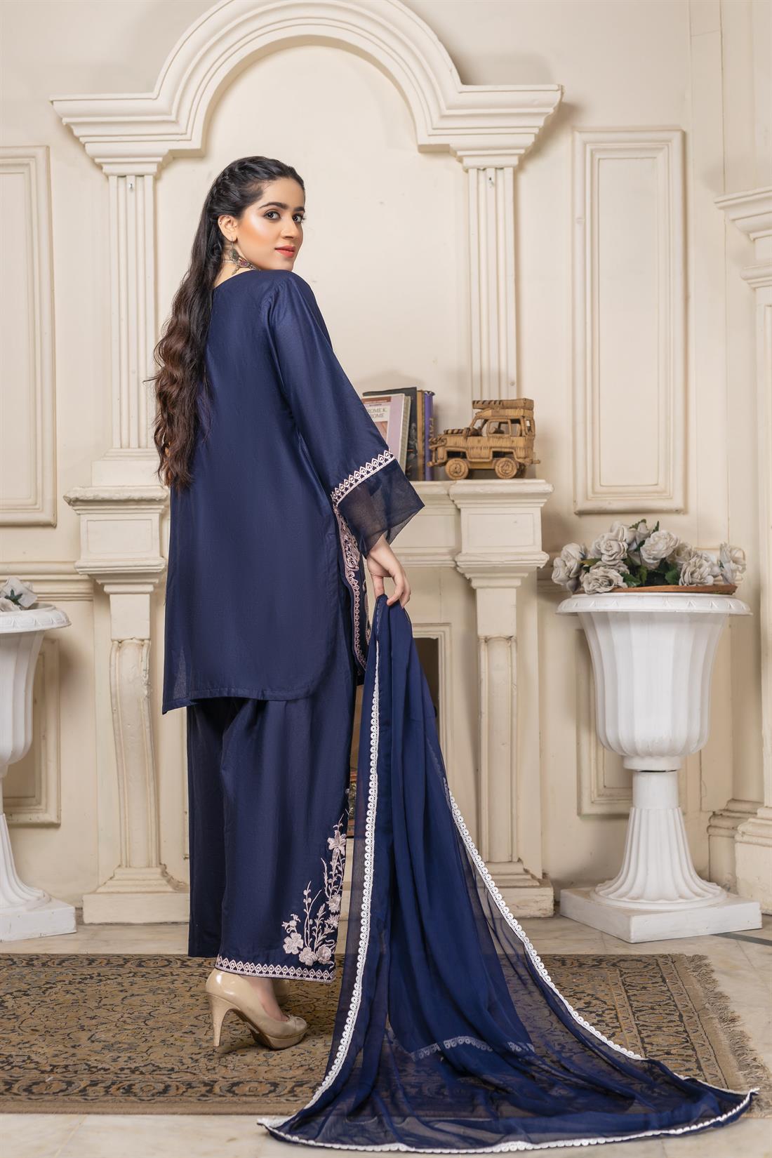 Navy Embroidered Chiffon Ladies 3 Piece Suit