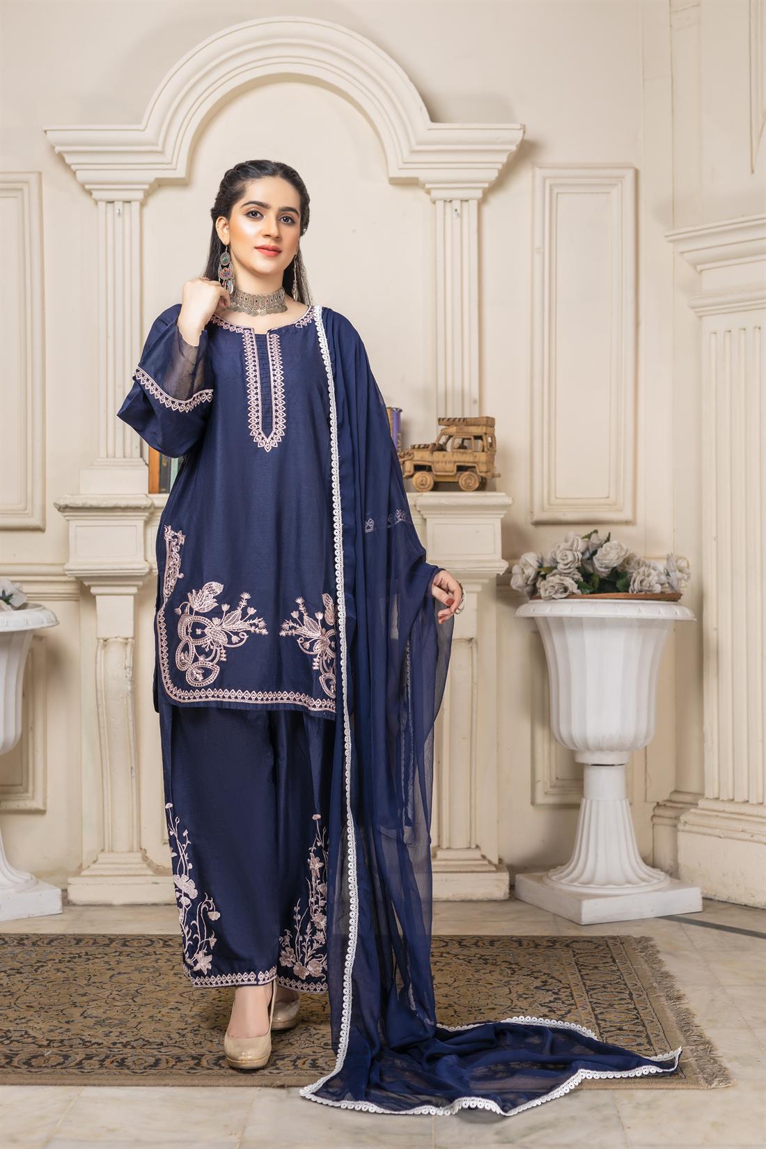 Navy Embroidered Chiffon Ladies 3 Piece Suit