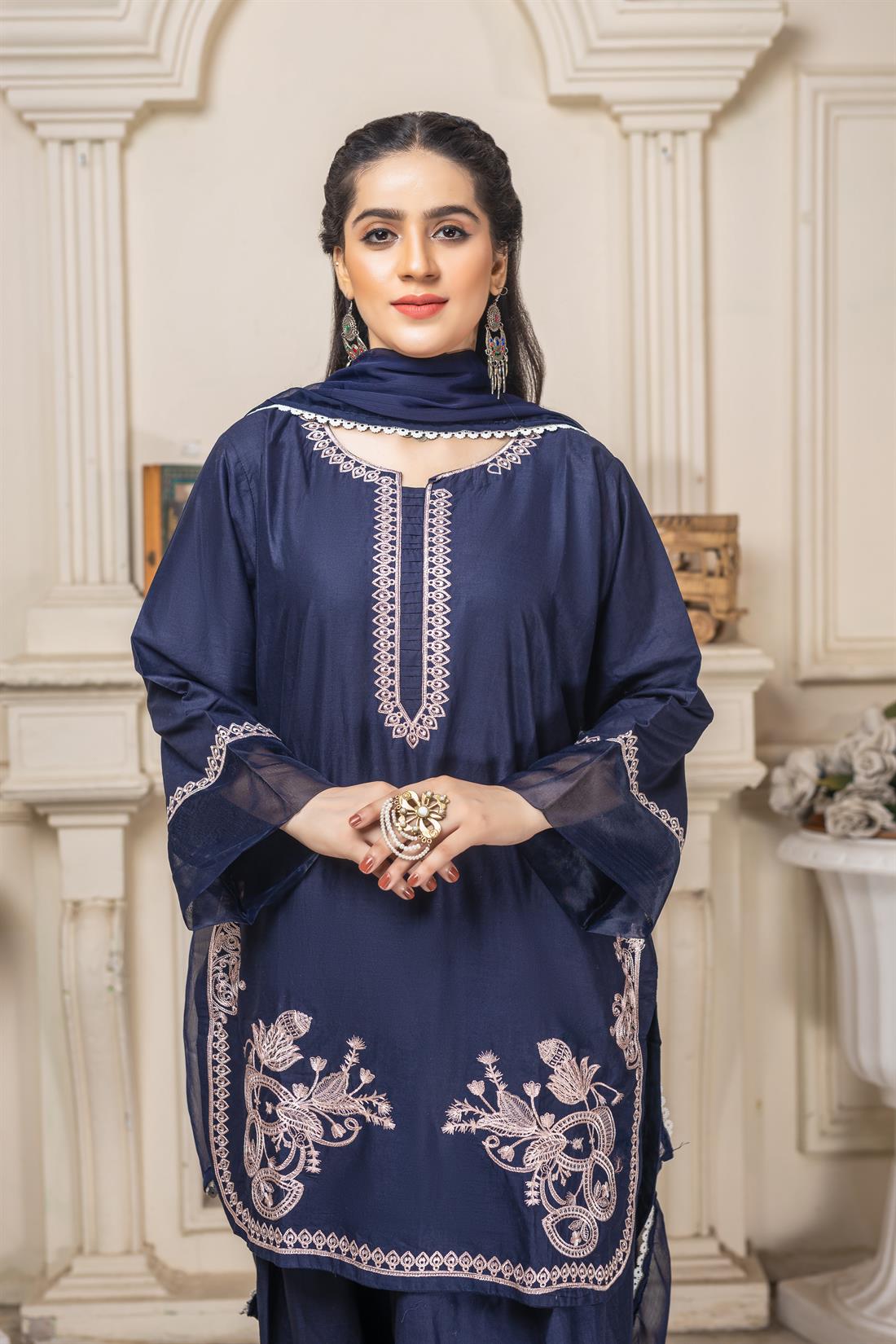Navy Embroidered Chiffon Ladies 3 Piece Suit