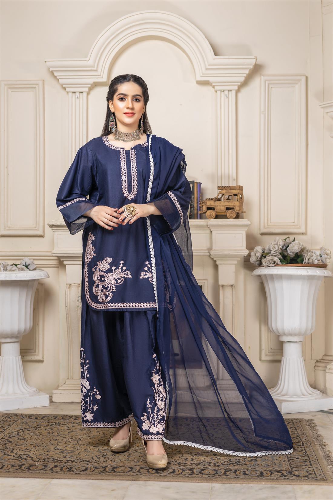 Navy Embroidered Chiffon Ladies 3 Piece Suit