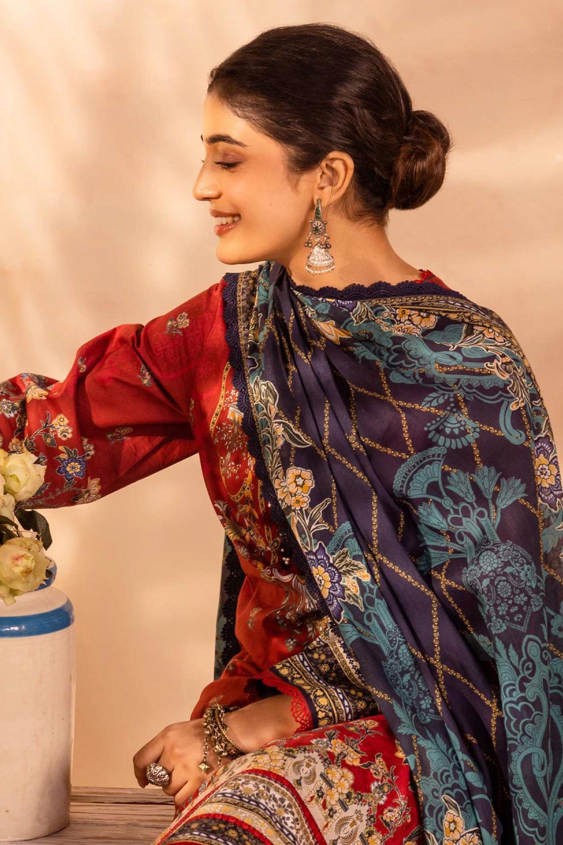 Red & Multicolour Lawn Digital Printed Suit