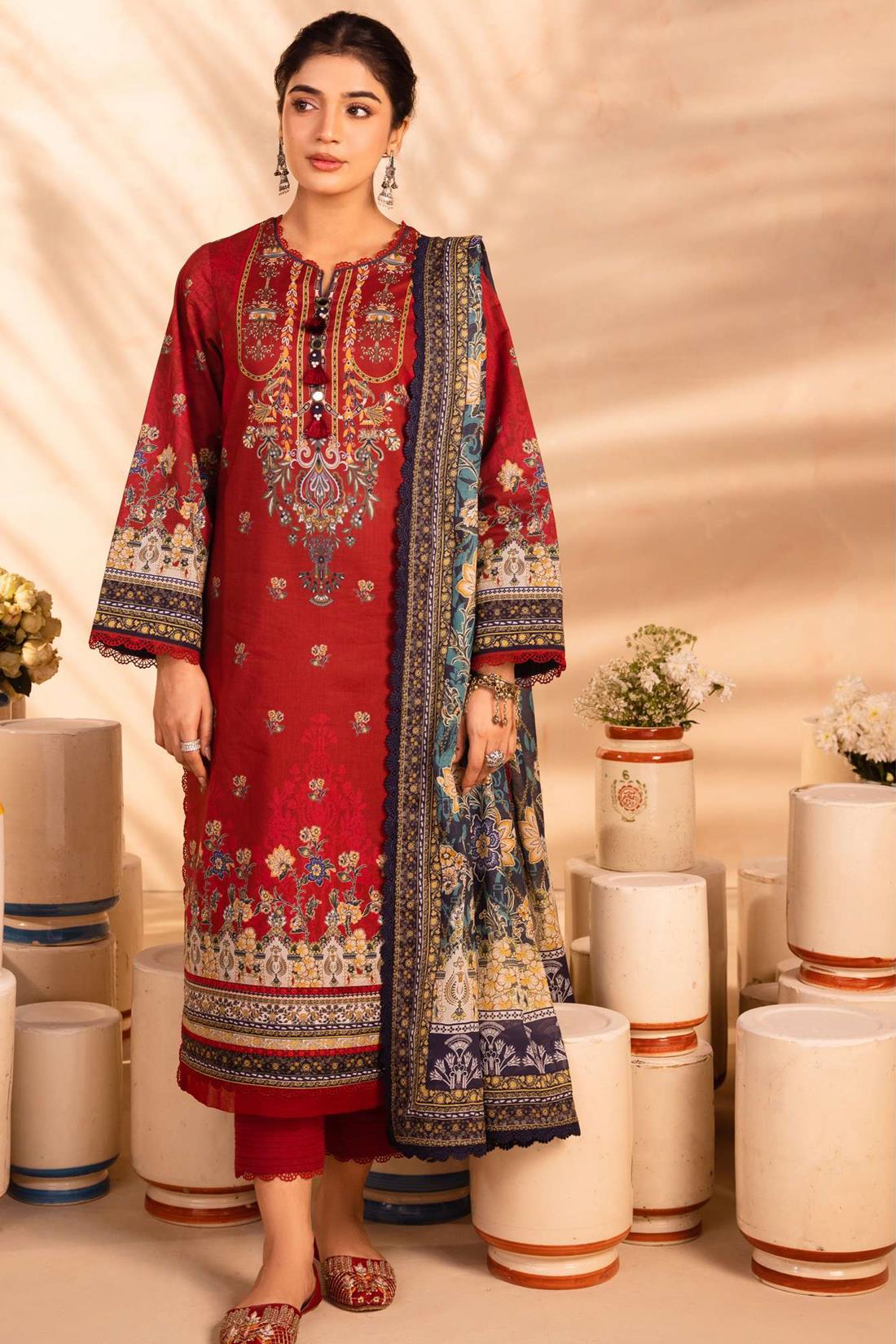 Red & Multicolour Lawn Digital Printed Suit