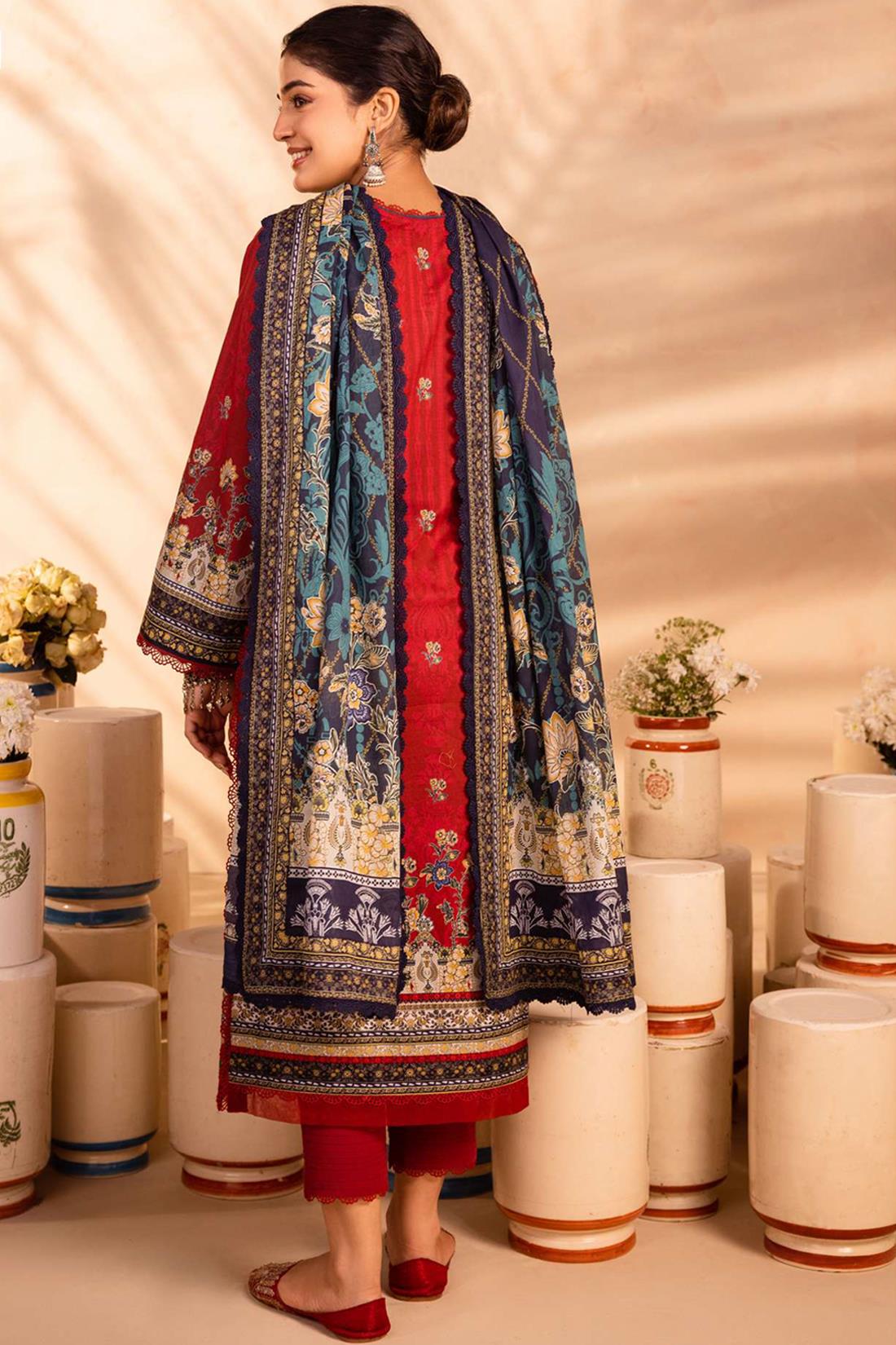 Red & Multicolour Lawn Digital Printed Suit