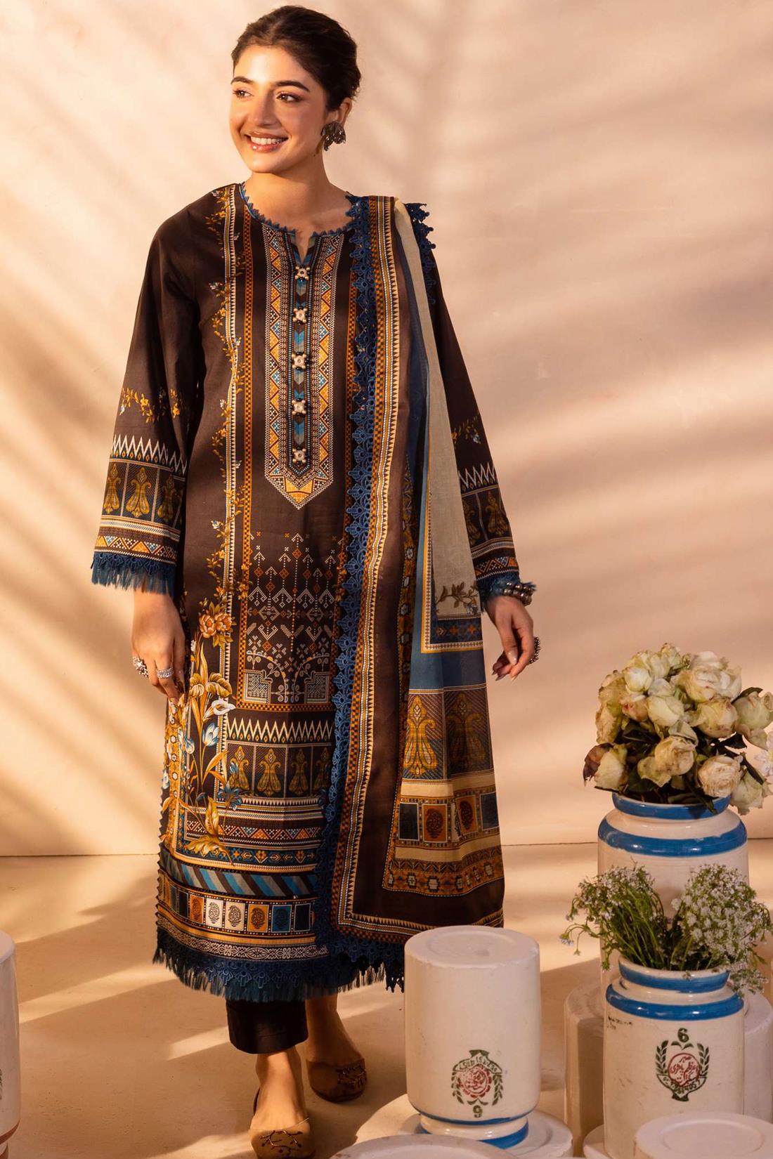 Brown & Multicolour Lawn Digital Printed Suit