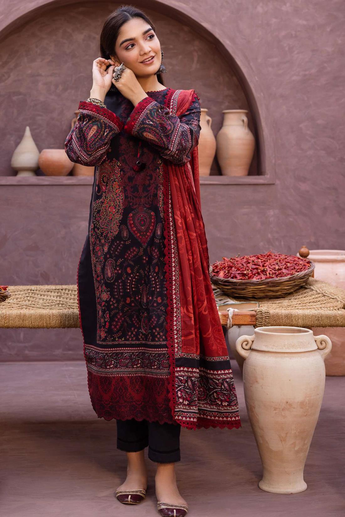Black & RED Lawn Digital Printed Suit