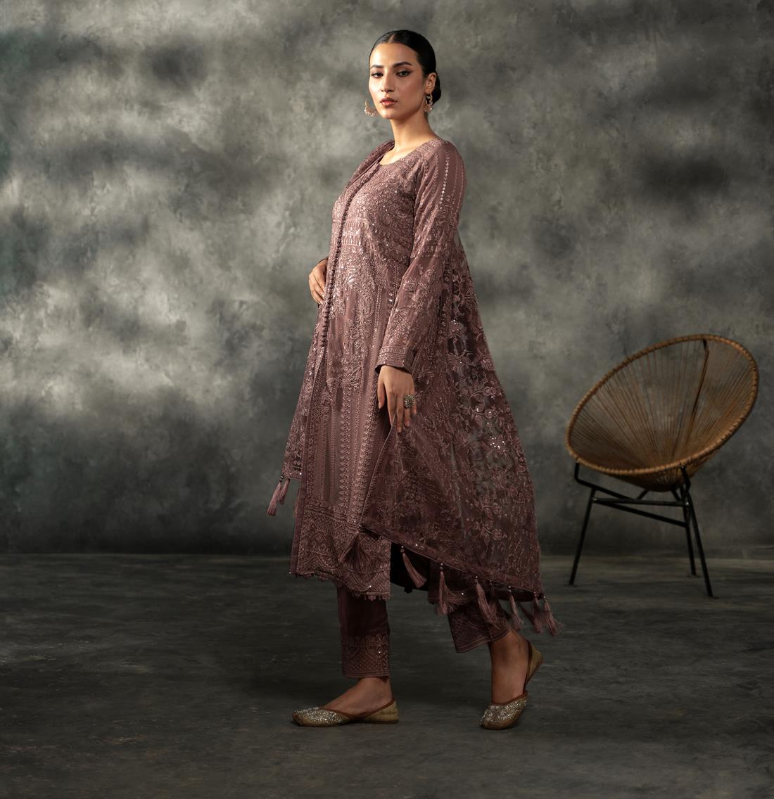 Mauve Sequinned Chiffon Sharara Ladies Readymade