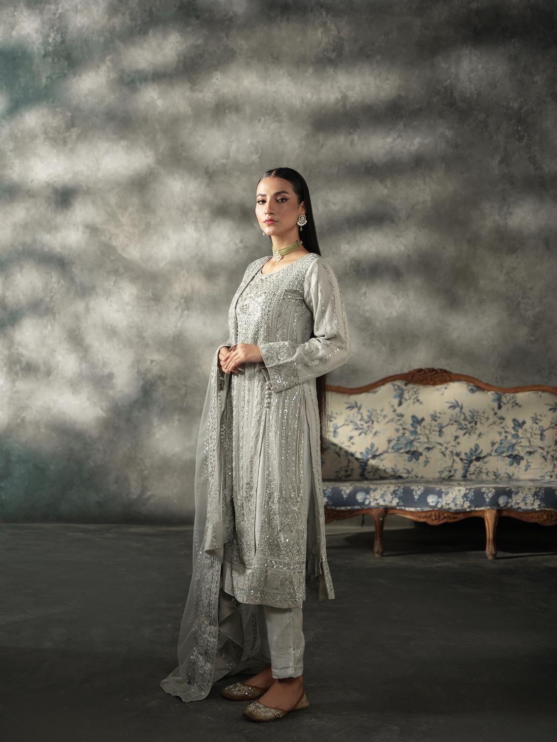Mint Sequinned Chiffon Sharara Ladies Readymade