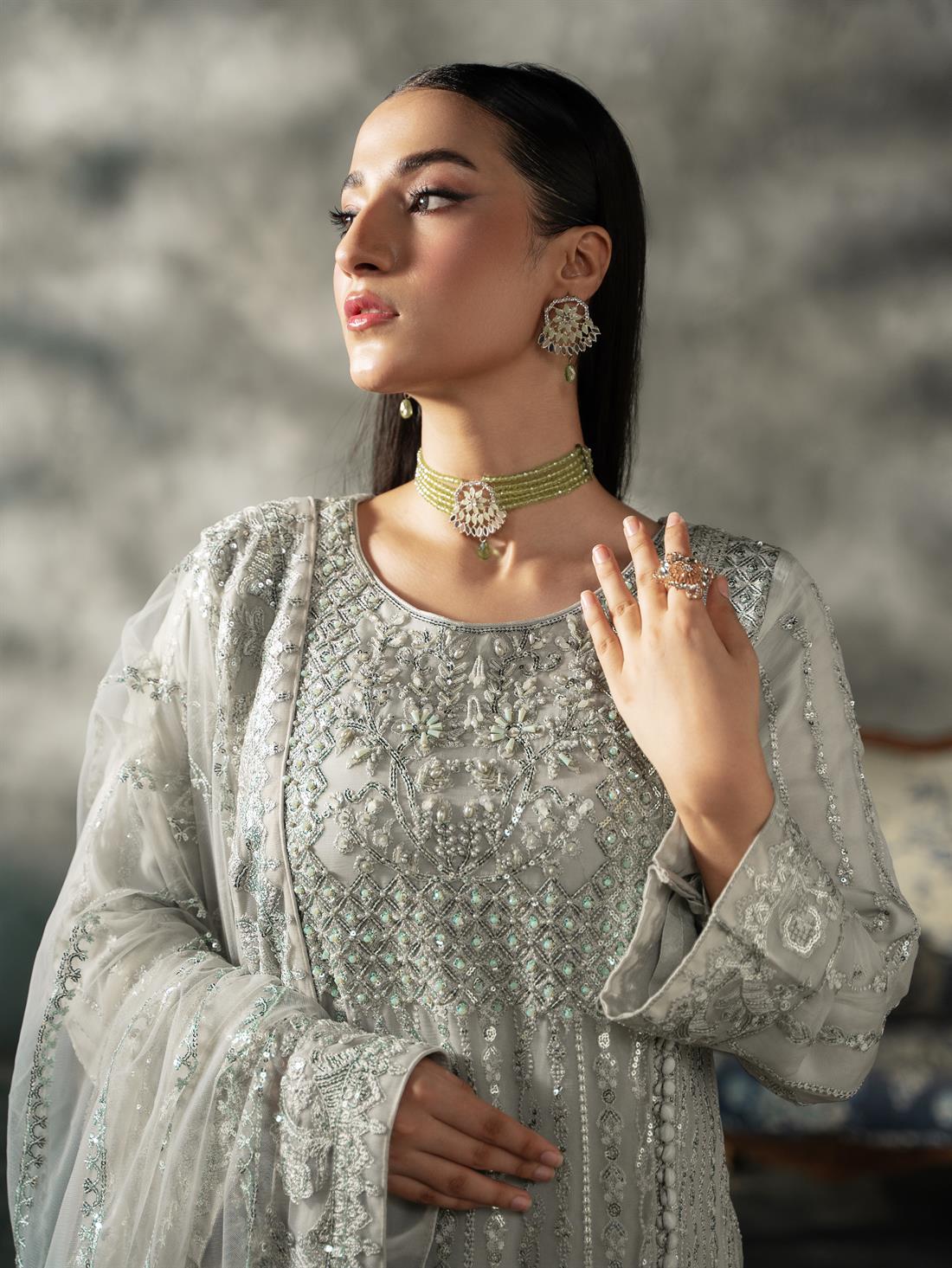Mint Sequinned Chiffon Sharara Ladies Readymade