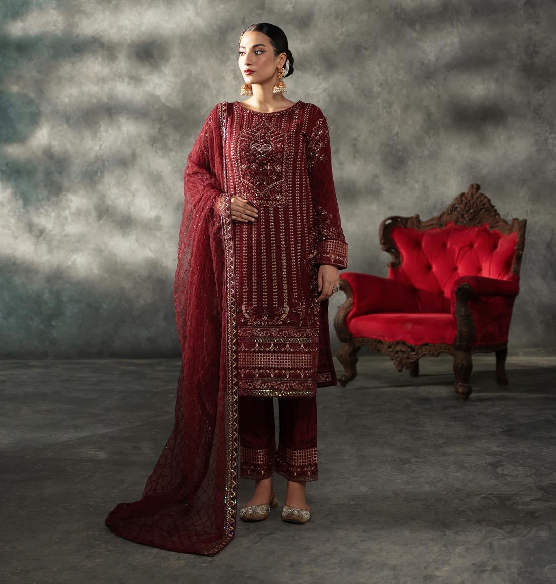 Maroon Sequinned Chiffon Sharara Ladies Readymade