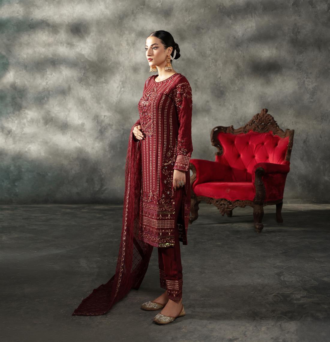 Maroon Sequinned Chiffon Sharara Ladies Readymade