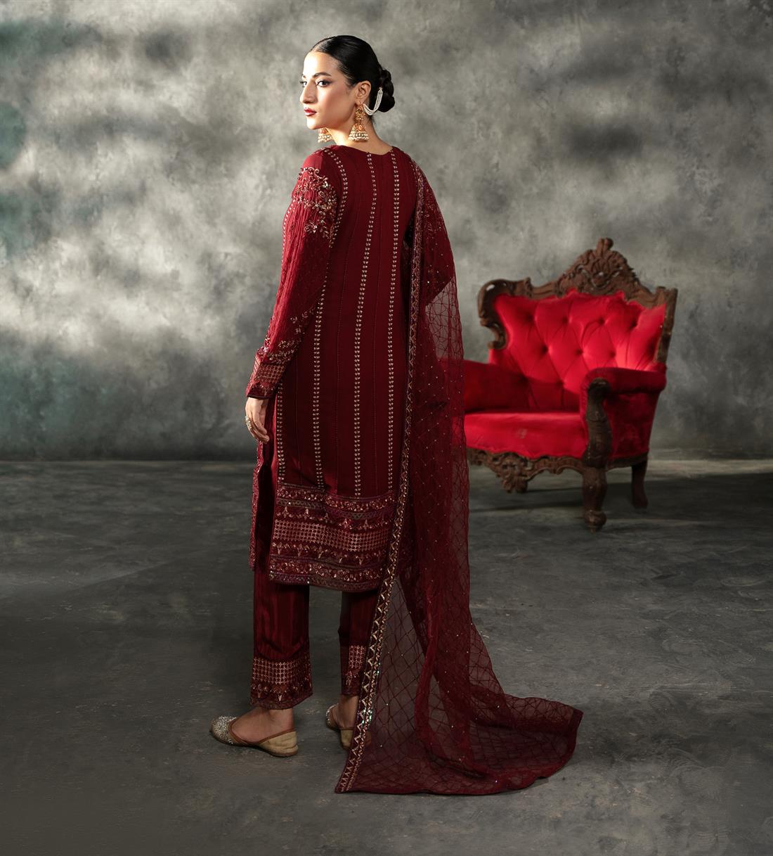 Maroon Sequinned Chiffon Sharara Ladies Readymade