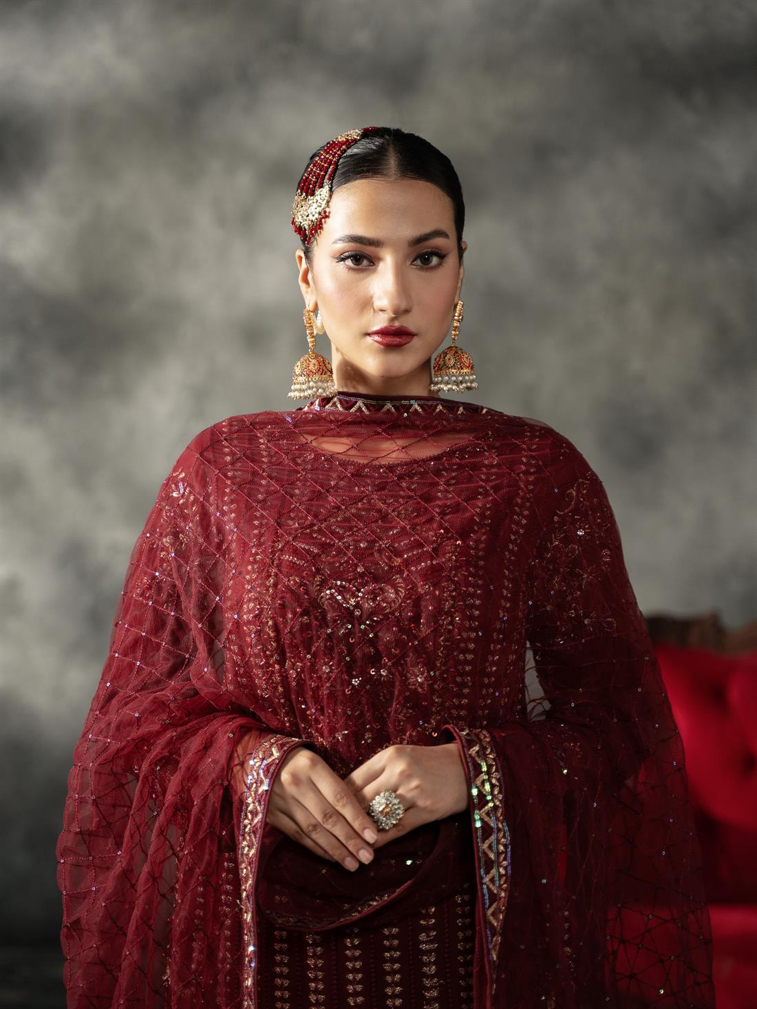 Maroon Sequinned Chiffon Sharara Ladies Readymade