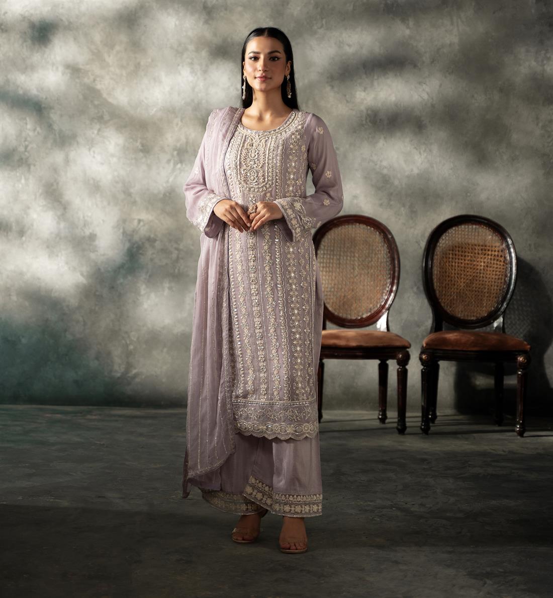 Lilac Sequinned Chiffon Sharara Ladies Readymade