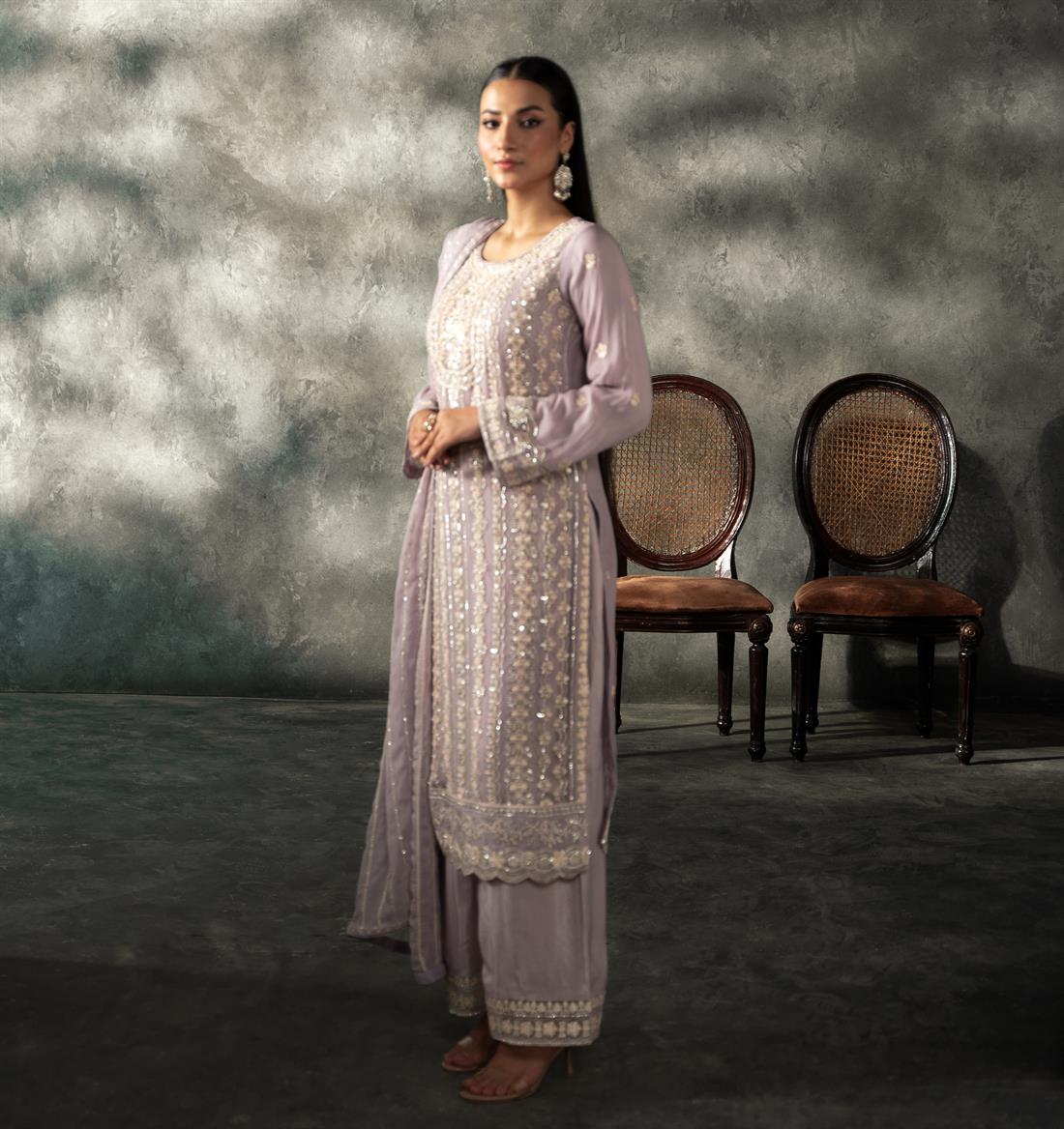 Lilac Sequinned Chiffon Sharara Ladies Readymade