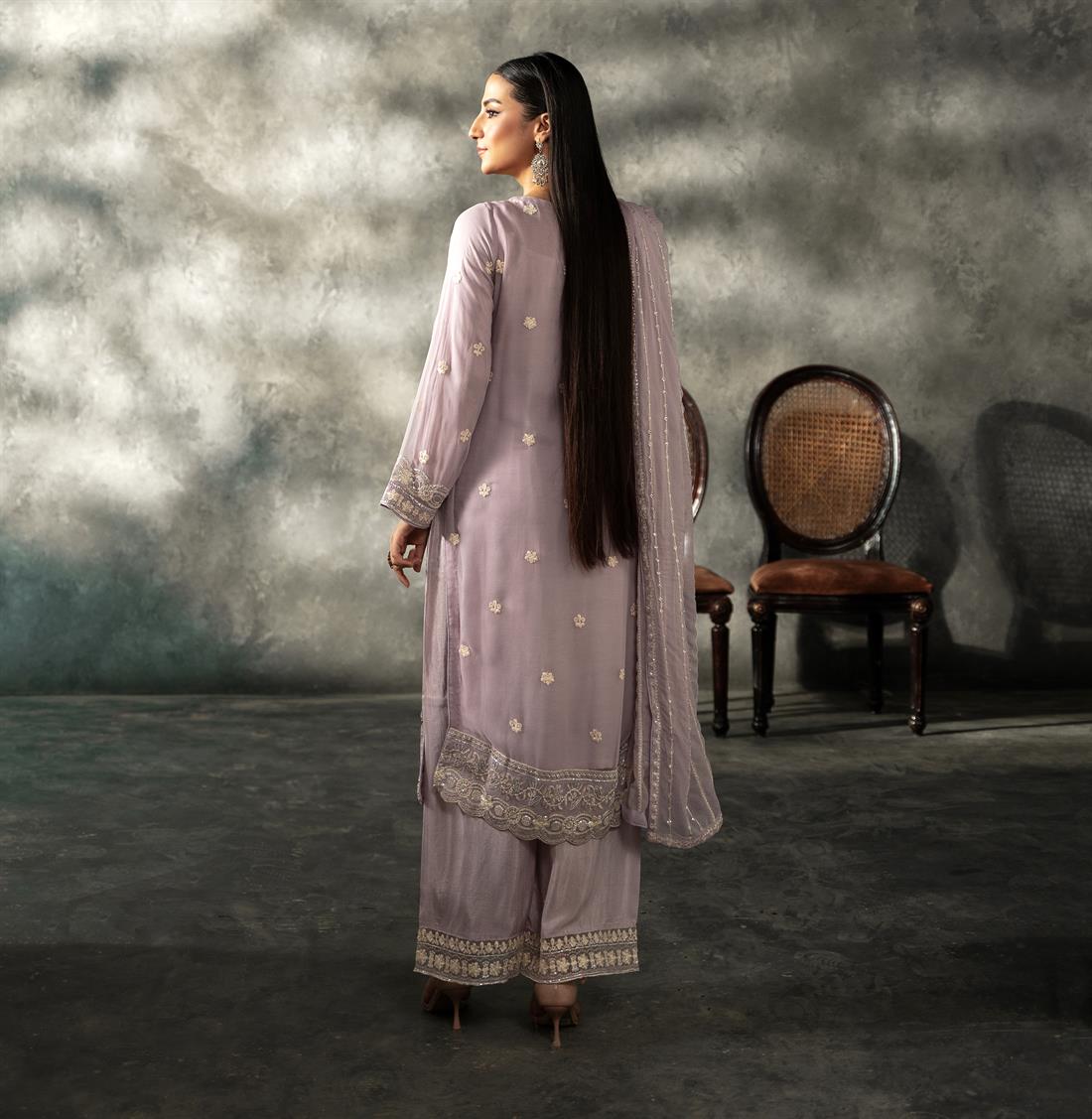 Lilac Sequinned Chiffon Sharara Ladies Readymade