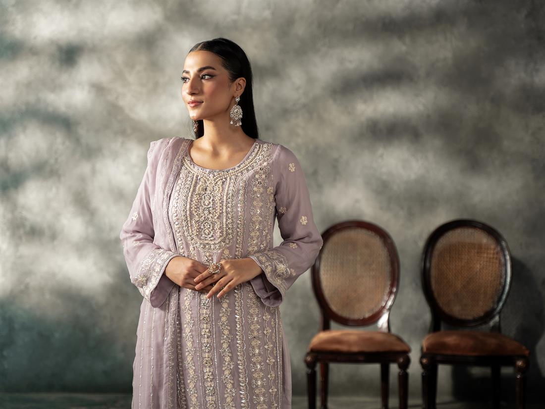 Lilac Sequinned Chiffon Sharara Ladies Readymade