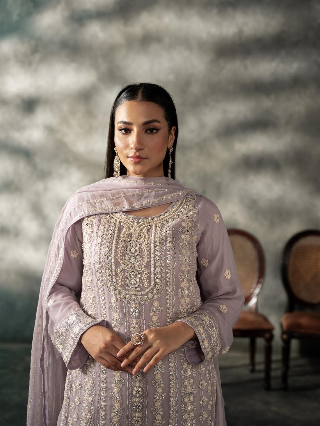 Lilac Sequinned Chiffon Sharara Ladies Readymade