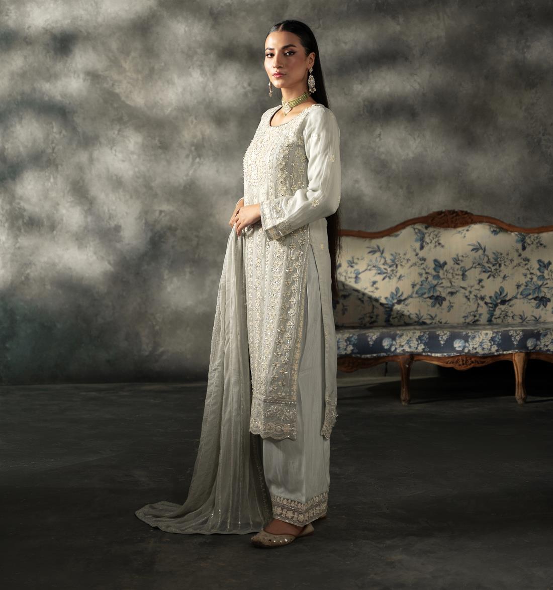 Mint Sequinned Chiffon Sharara Ladies Readymade