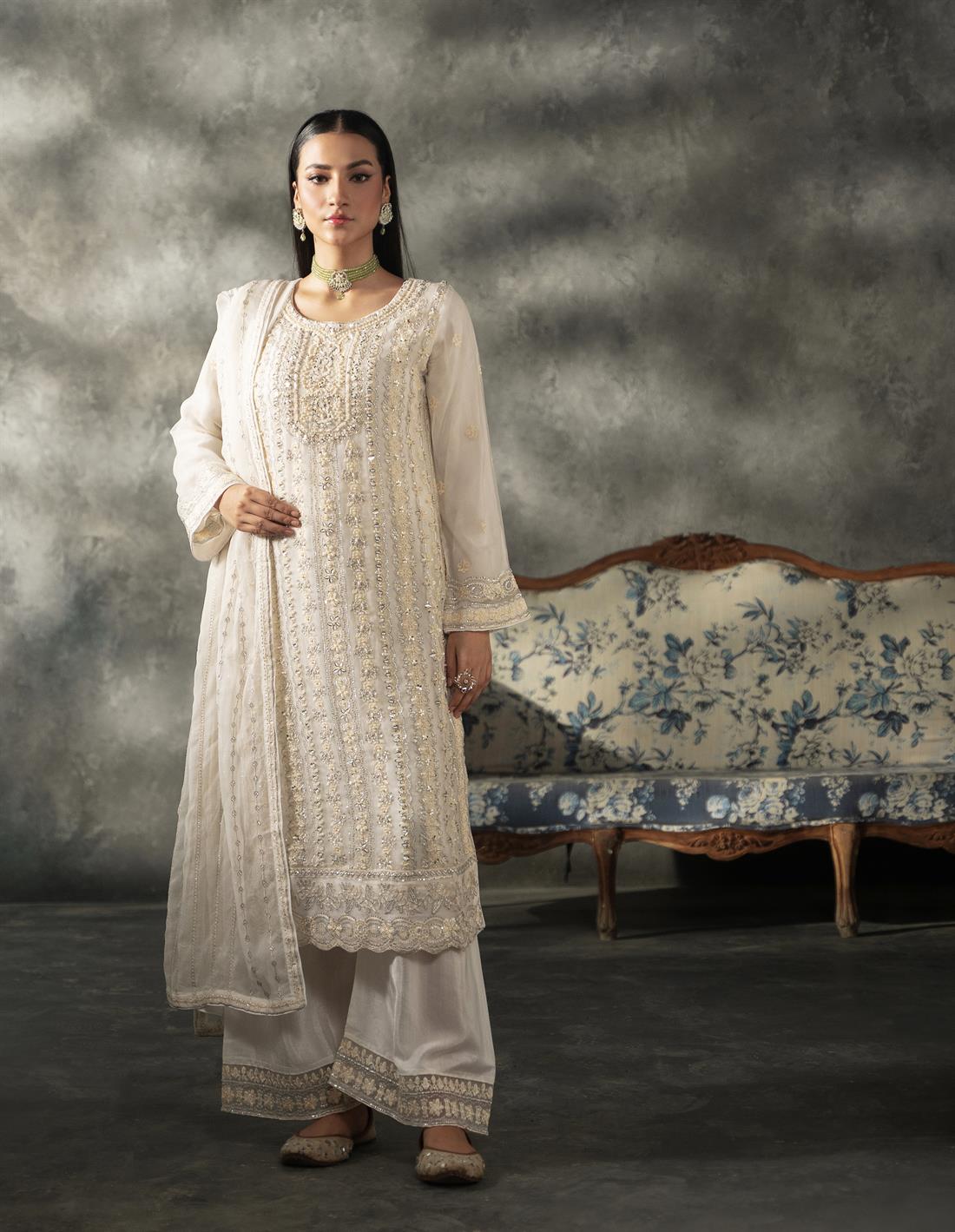 Off White Sequinned Chiffon Sharara Ladies Readymade