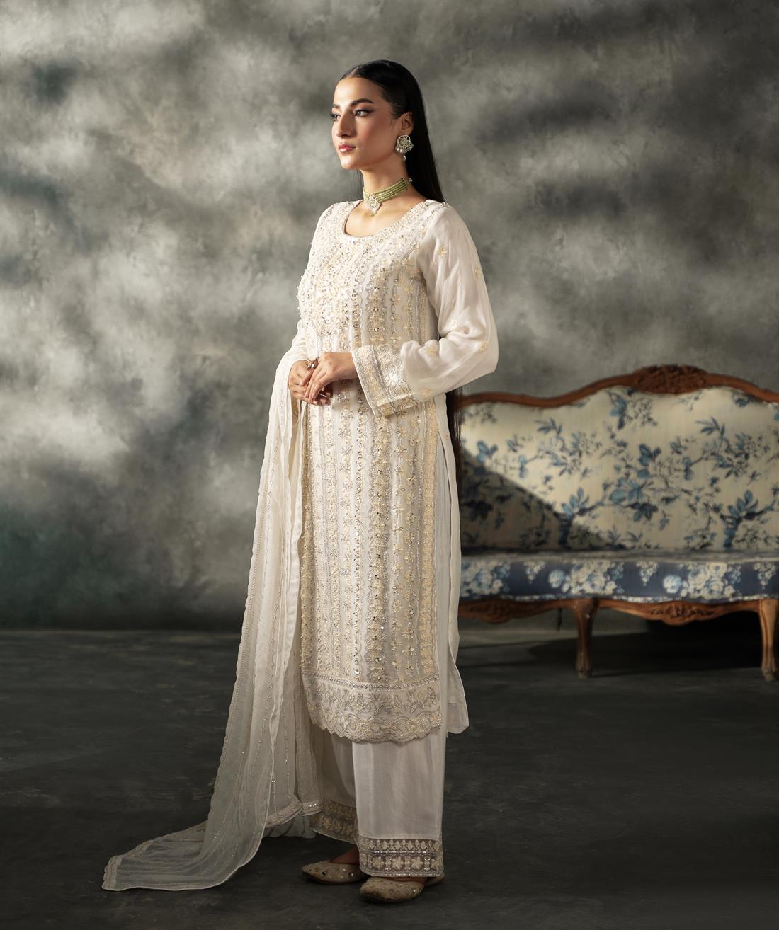 Off White Sequinned Chiffon Sharara Ladies Readymade