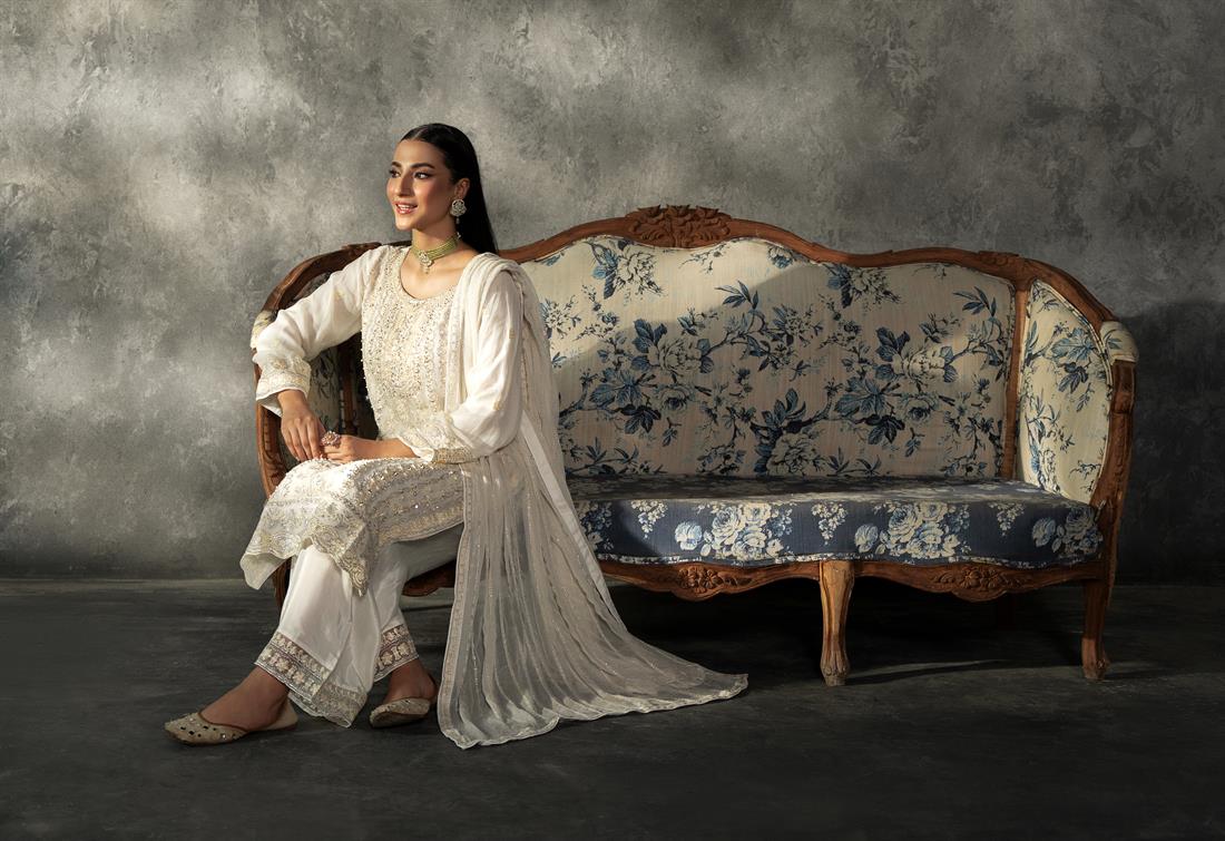 Off White Sequinned Chiffon Sharara Ladies Readymade