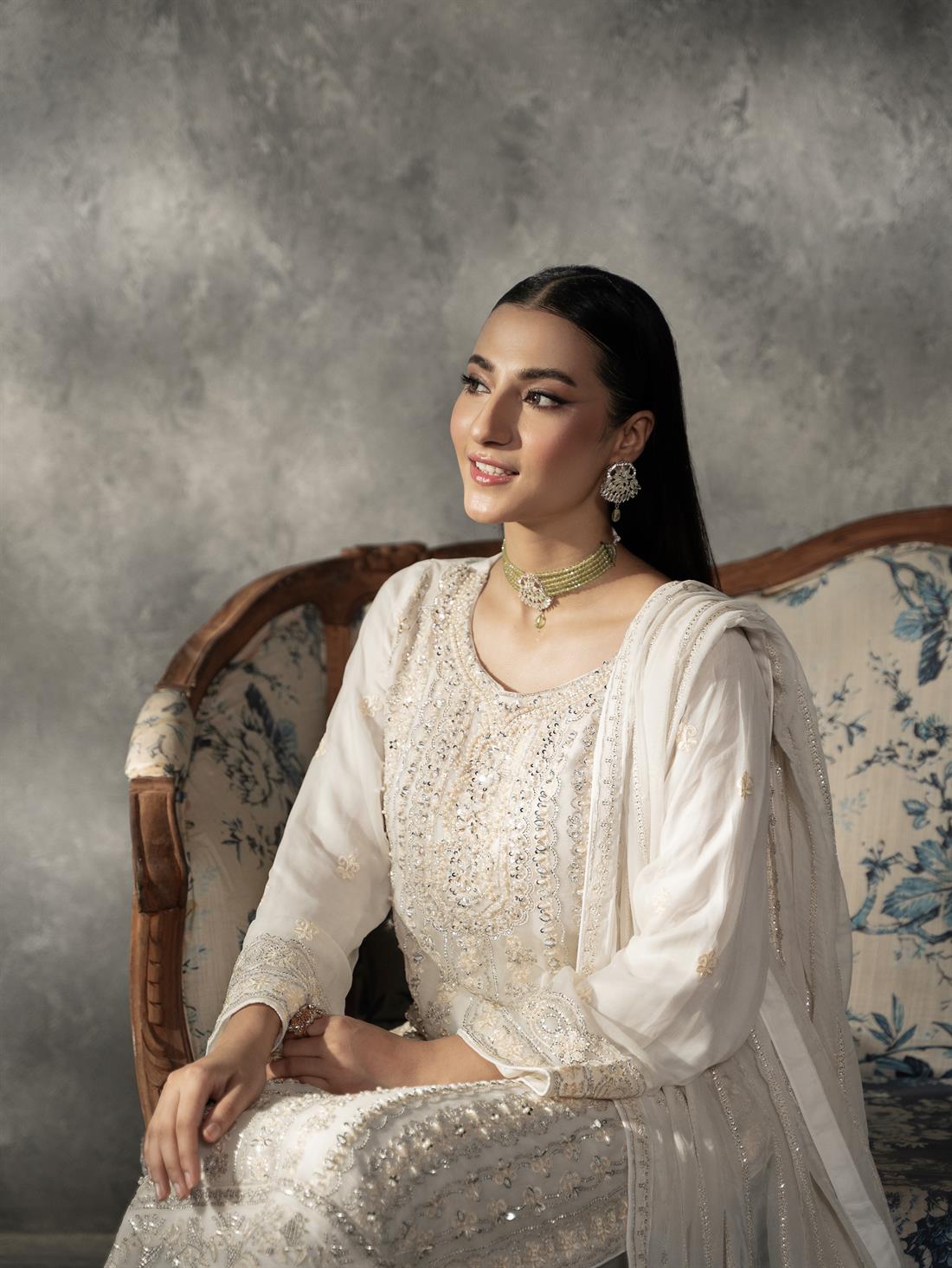Off White Sequinned Chiffon Sharara Ladies Readymade