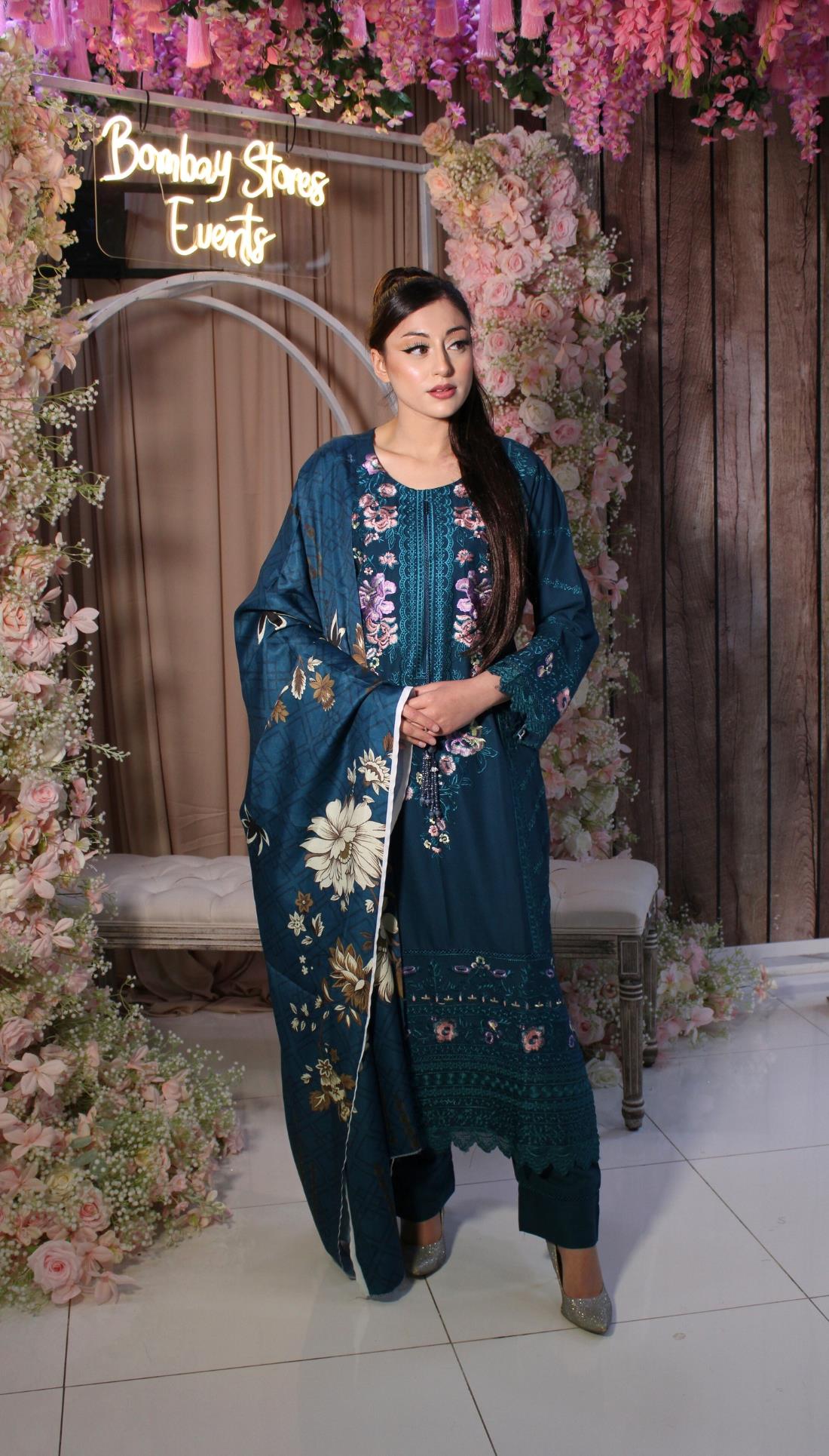 Teal Blue Digital Print Dhanak 3 Piece Suit