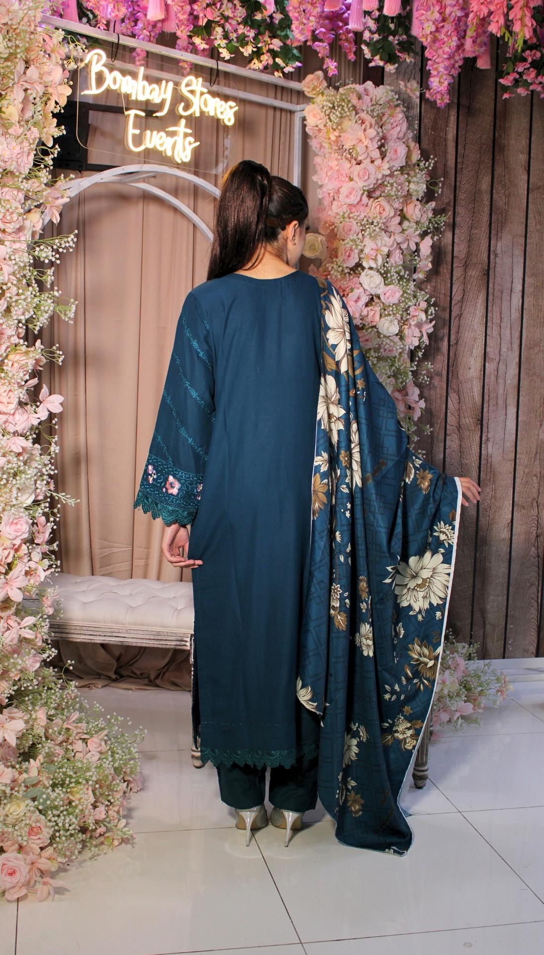 Teal Blue Digital Print Dhanak 3 Piece Suit