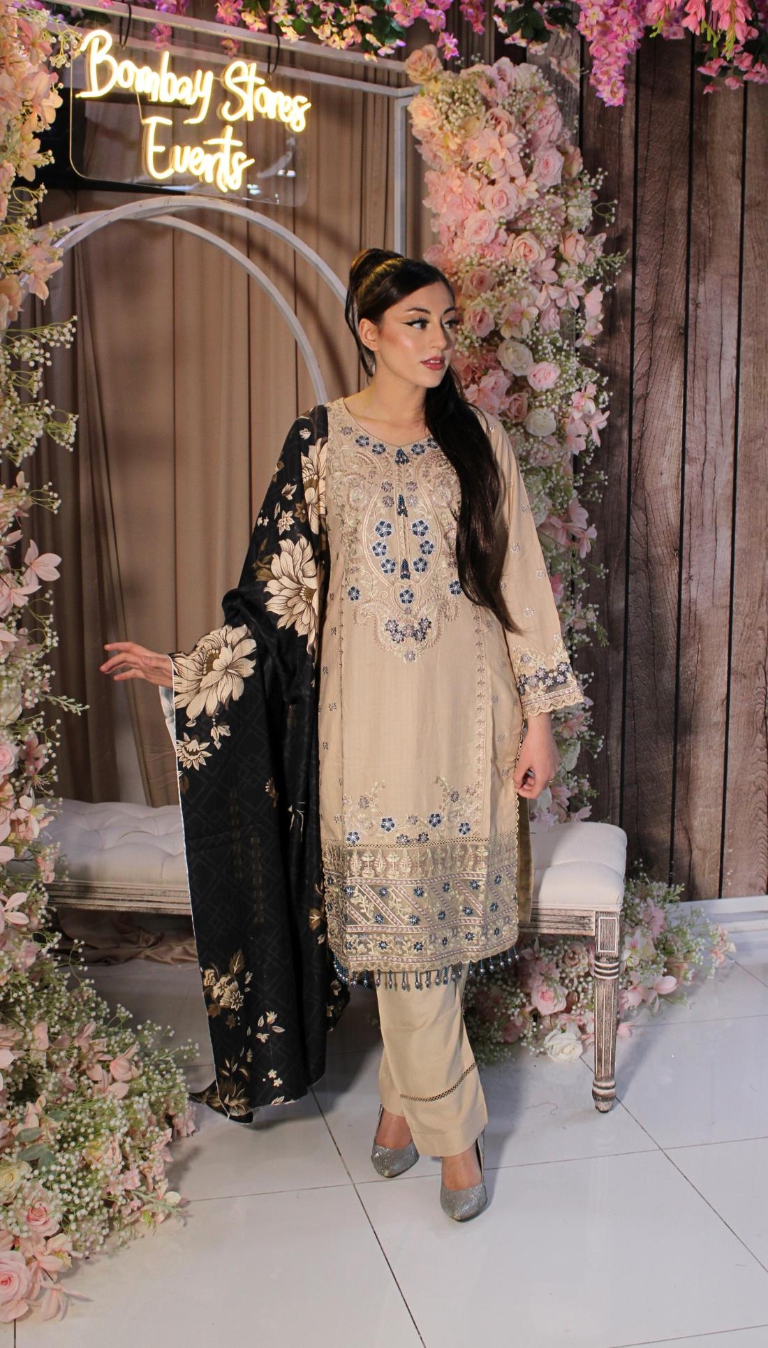 Cream & Multicolour Sequinned Dhanak 3 Piece Suit