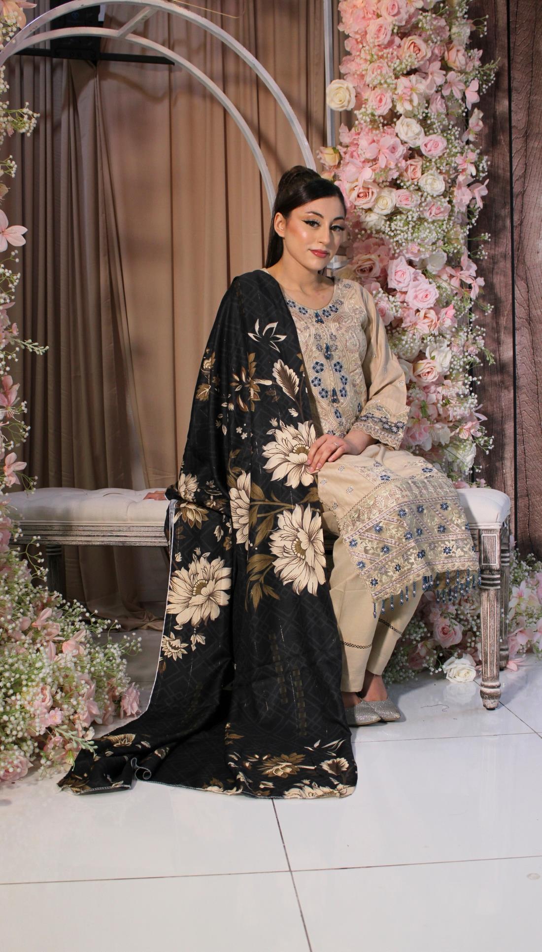 Cream & Multicolour Sequinned Dhanak 3 Piece Suit