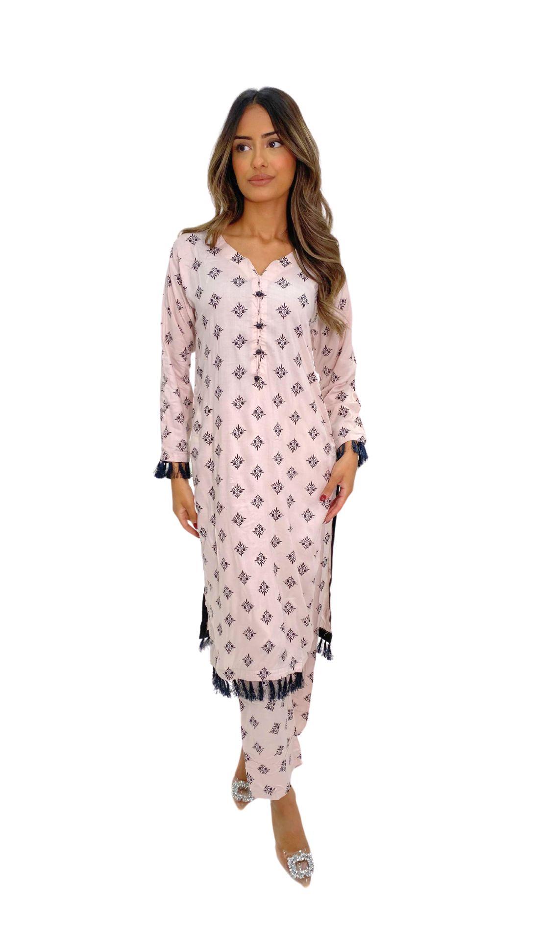 Baby Pink Printed Linen Ladies 2 Piece Suit