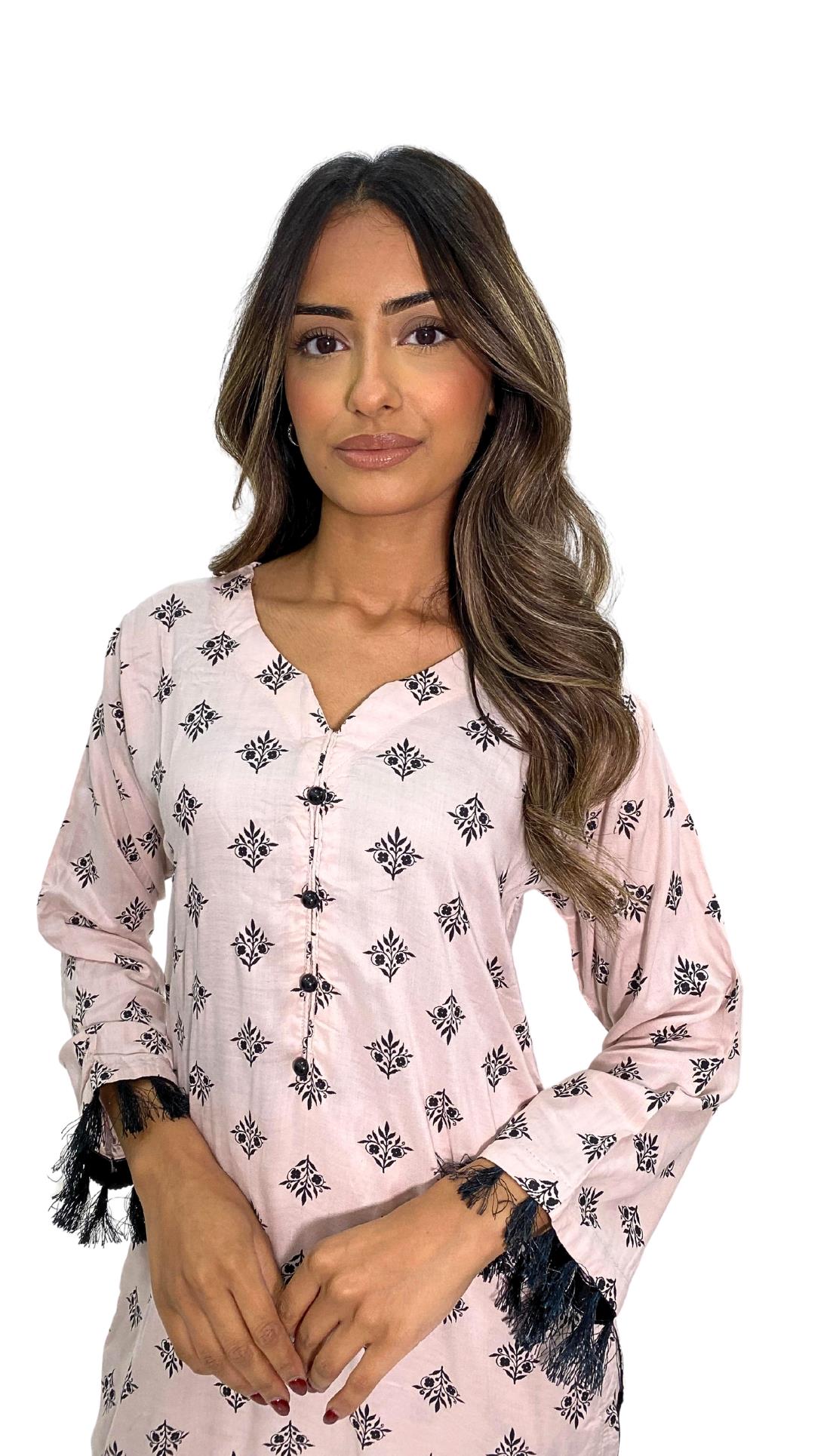 Baby Pink Printed Linen Ladies 2 Piece Suit