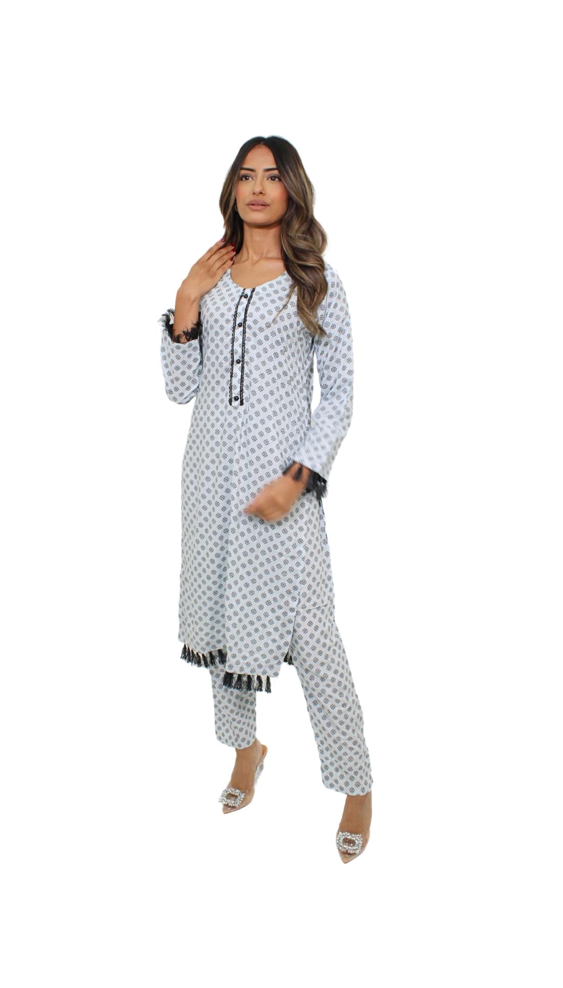 Sky Blue Printed Linen Ladies 2 Piece Suit