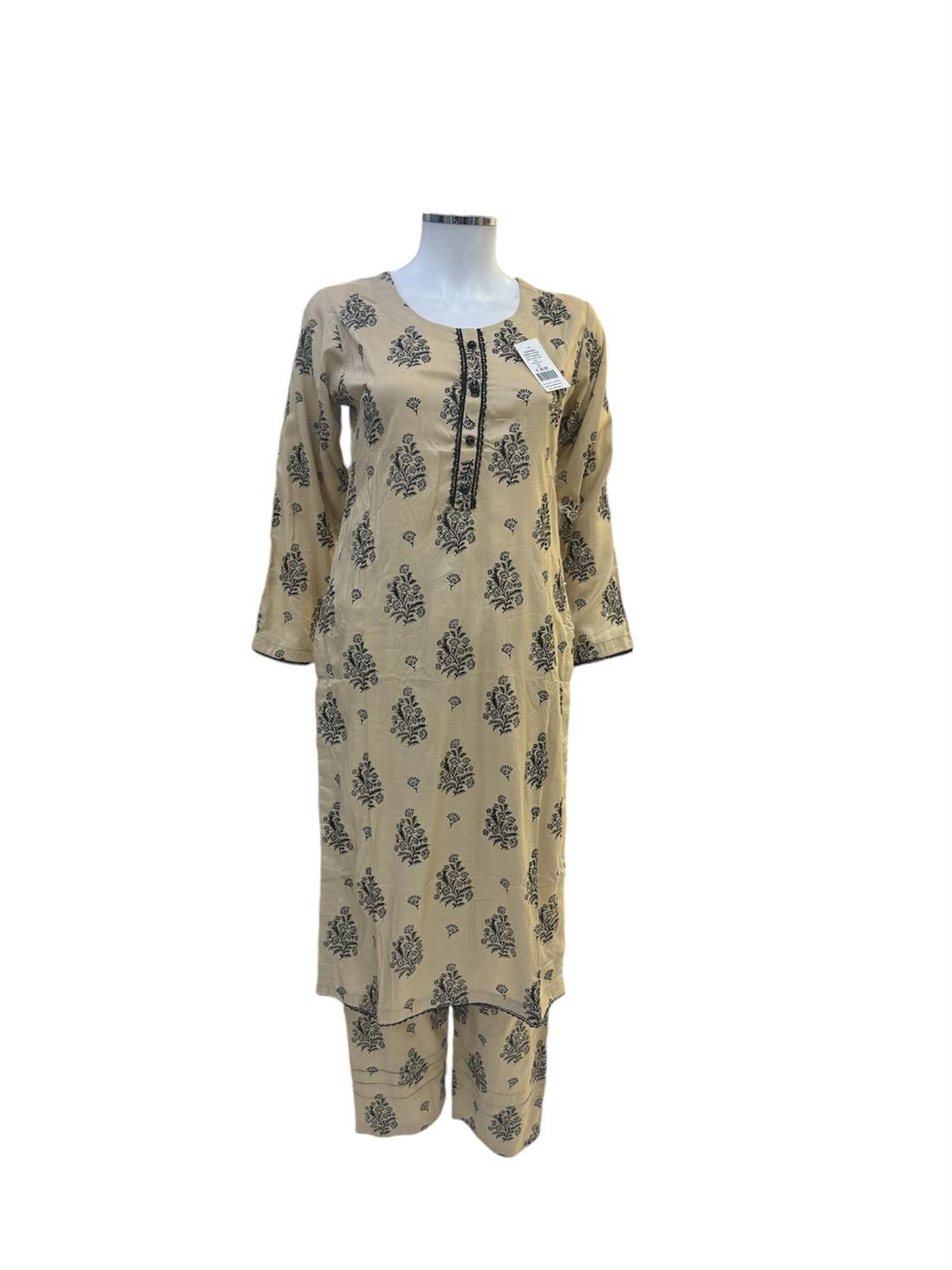 Beige Gold Printed Linen Ladies 2 Piece Suit