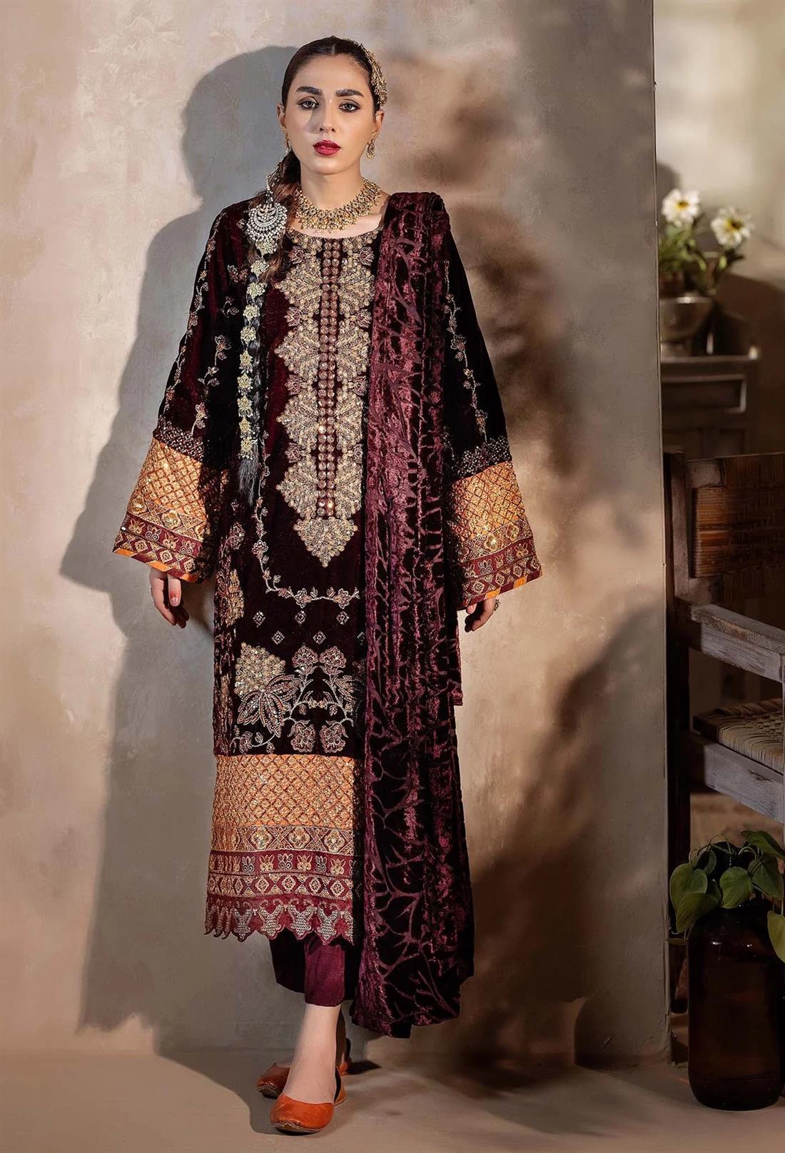 Maroon Embroidered Raw Silk Velvet Collection