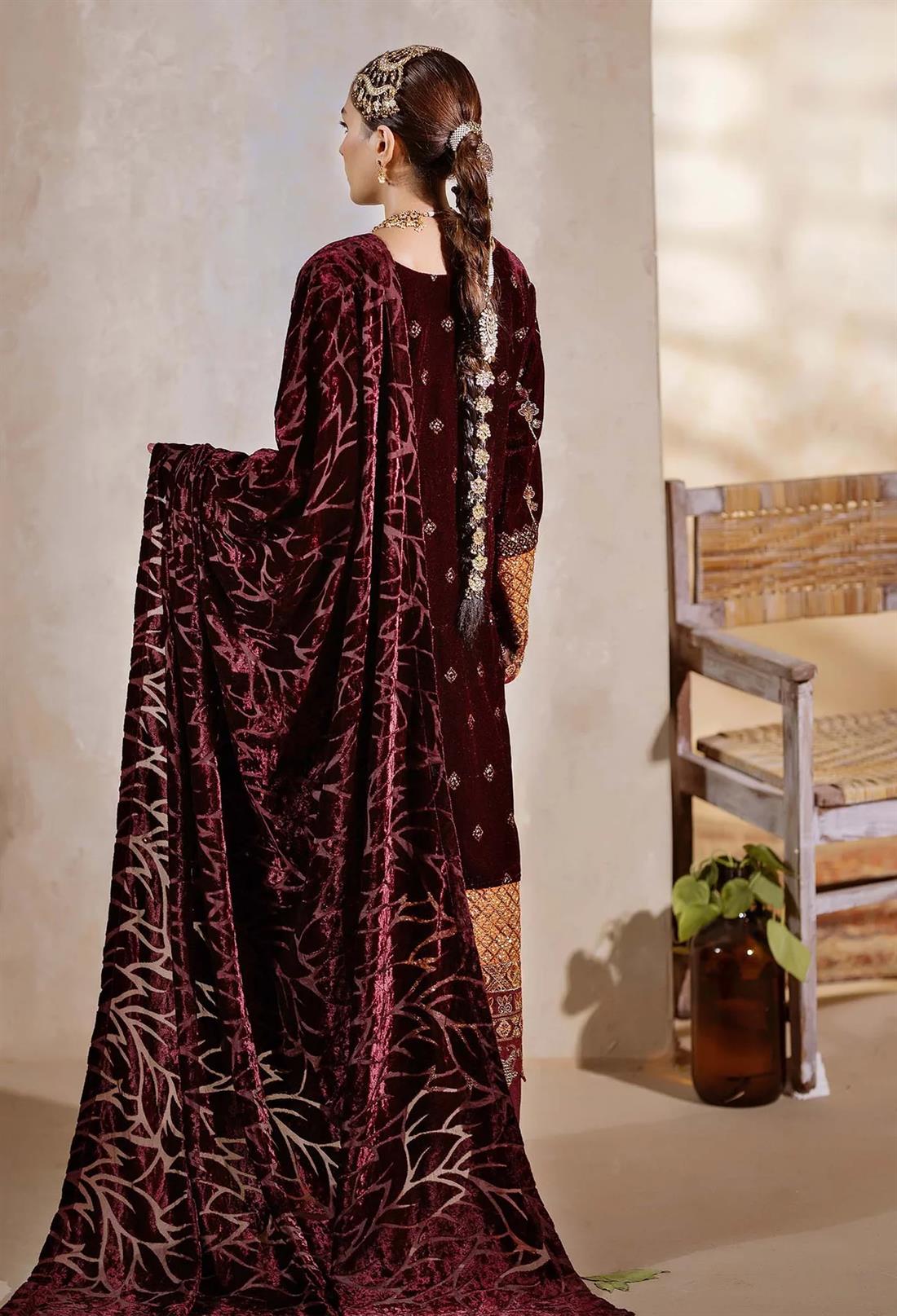 Maroon Embroidered Raw Silk Velvet Collection