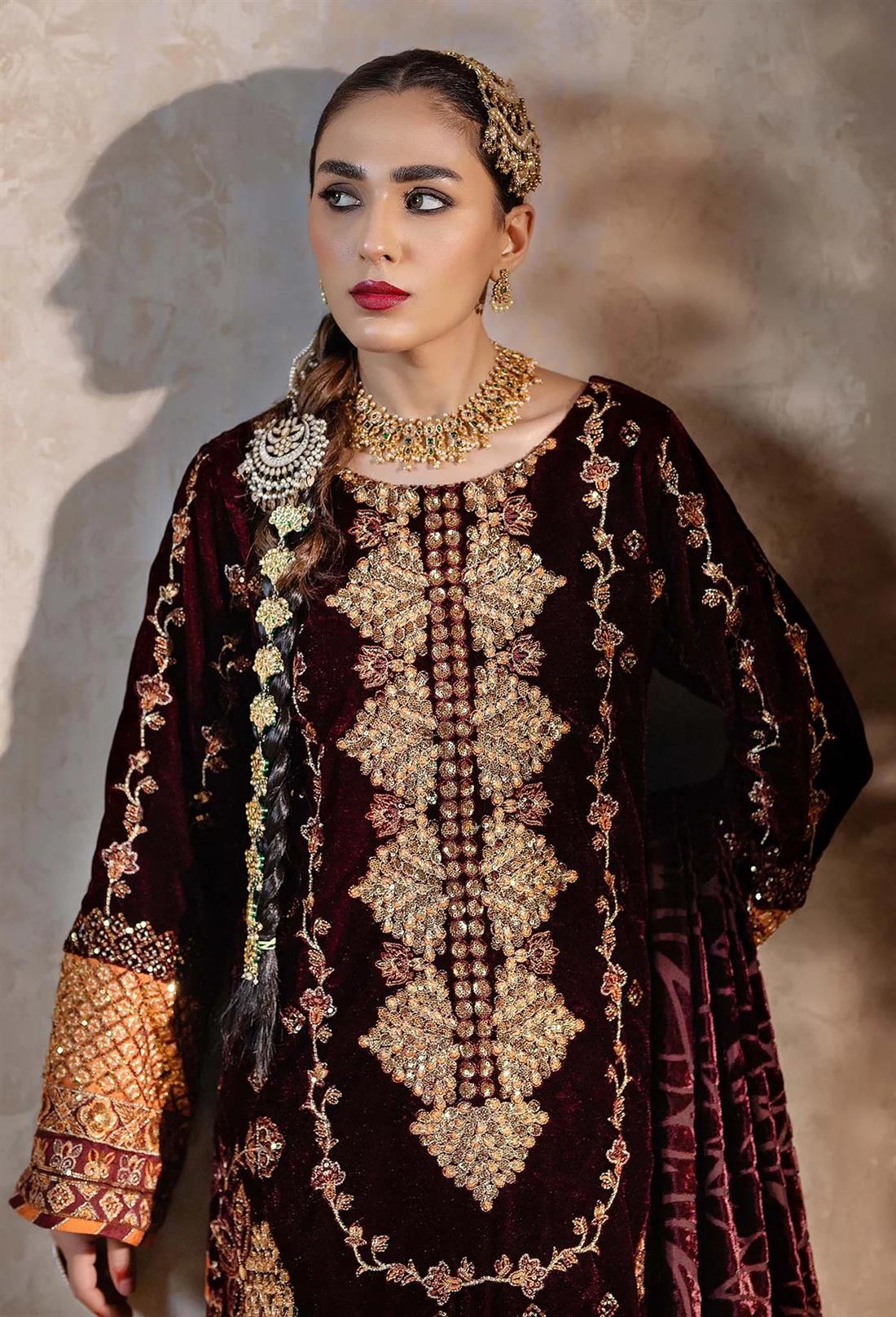 Maroon Embroidered Raw Silk Velvet Collection
