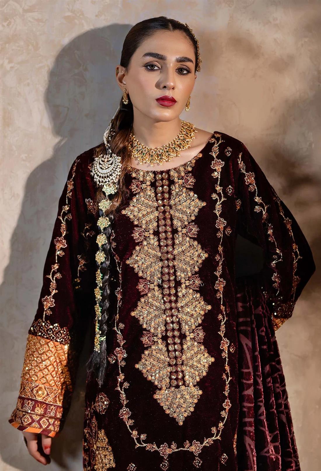 Maroon Embroidered Raw Silk Velvet Collection