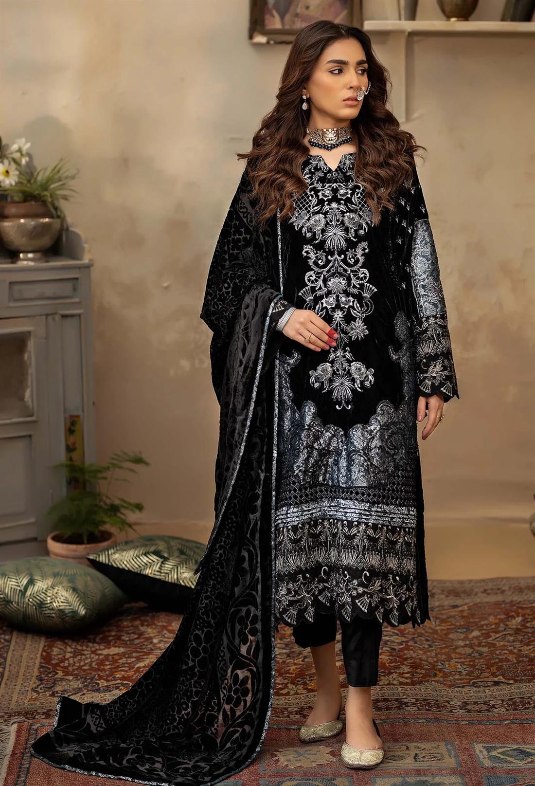 Black & Silver Embroidered Raw Silk Velvet Collection