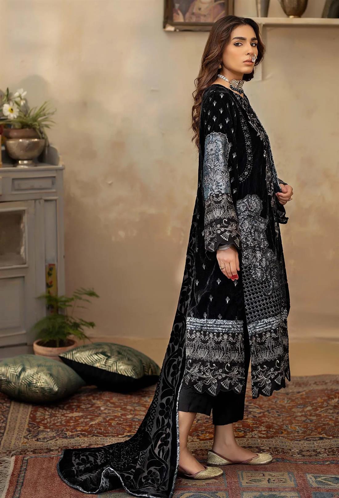 Black & Silver Embroidered Raw Silk Velvet Collection