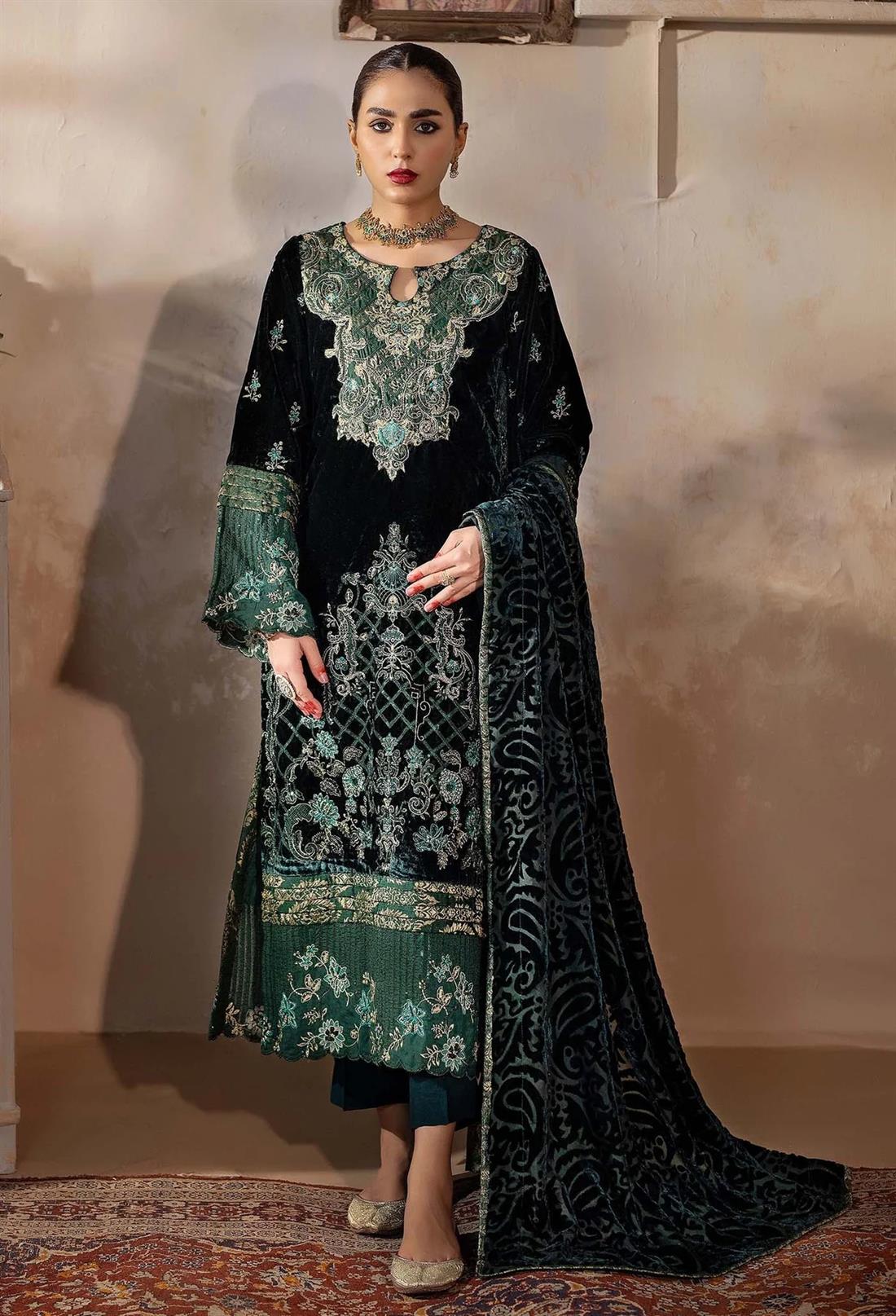 Green Embroidered Raw Silk Velvet Collection