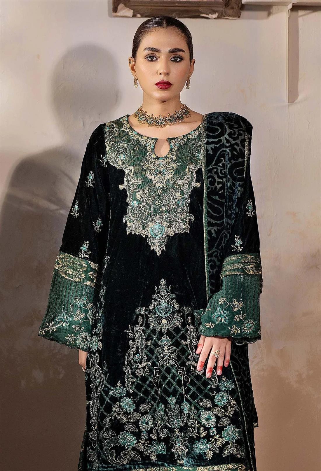 Green Embroidered Raw Silk Velvet Collection
