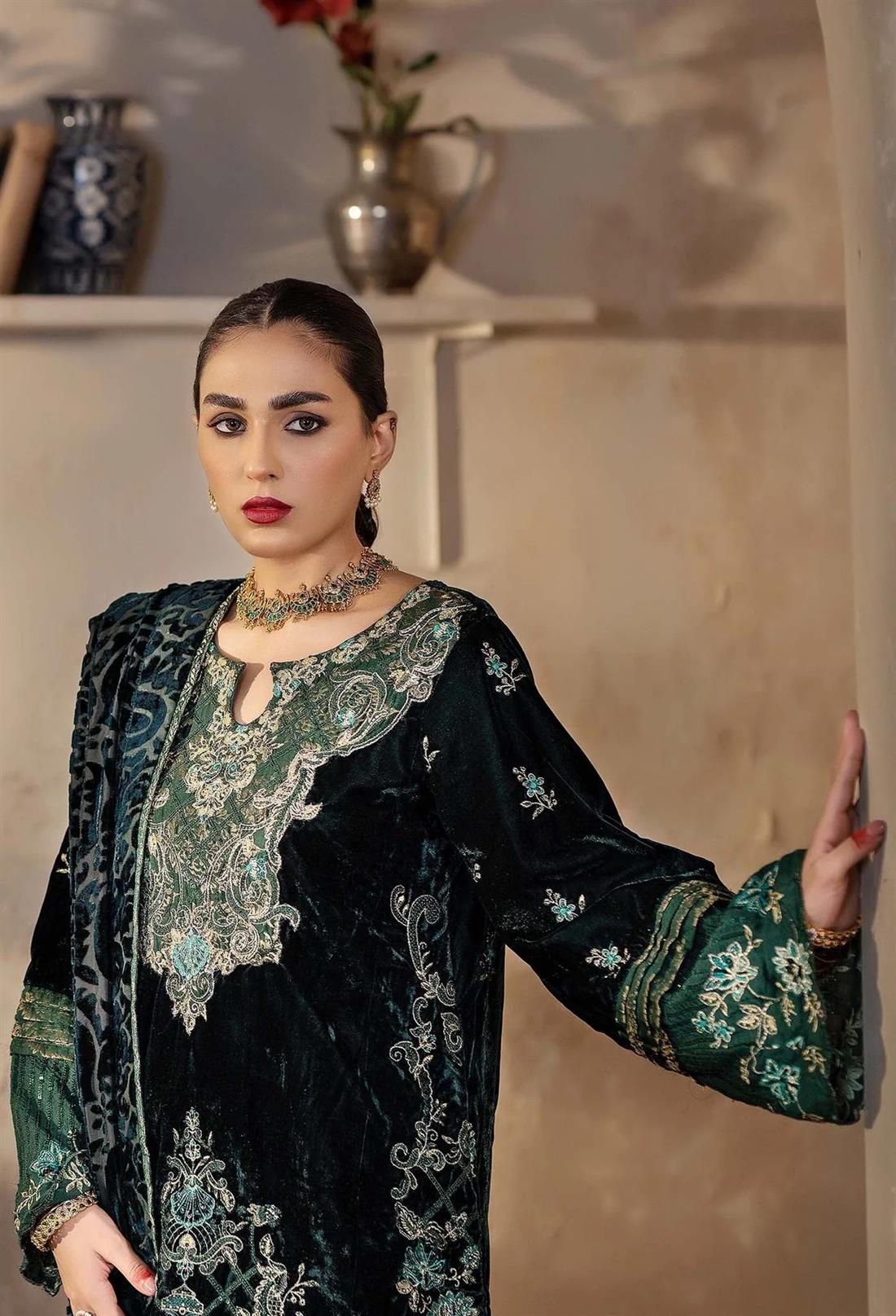 Green Embroidered Raw Silk Velvet Collection