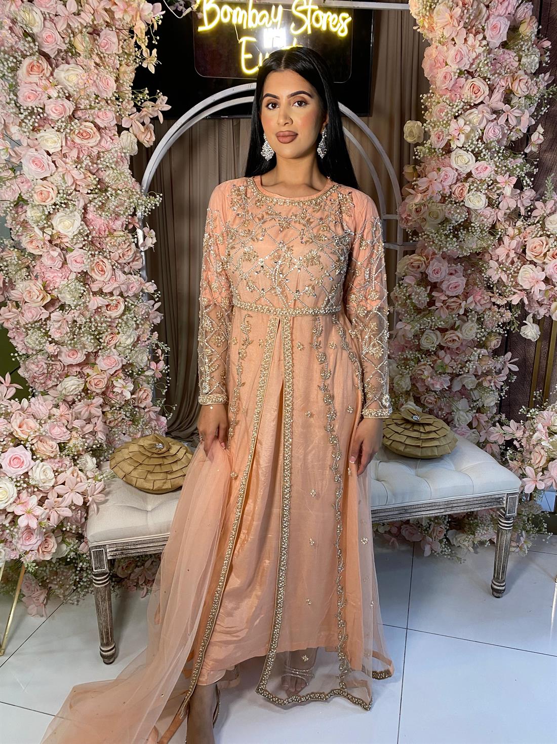 Peach Embroidered Net Party Wear