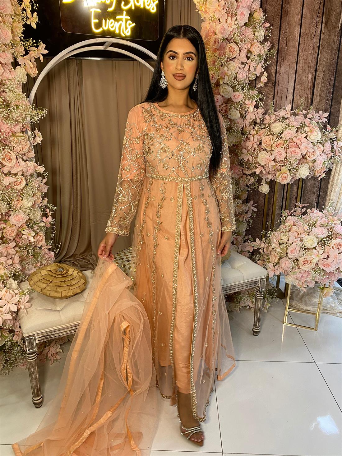 Peach Embroidered Net Party Wear