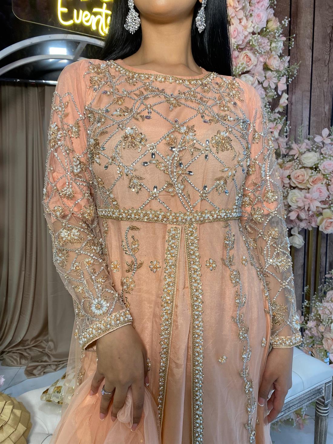 Peach Embroidered Net Party Wear