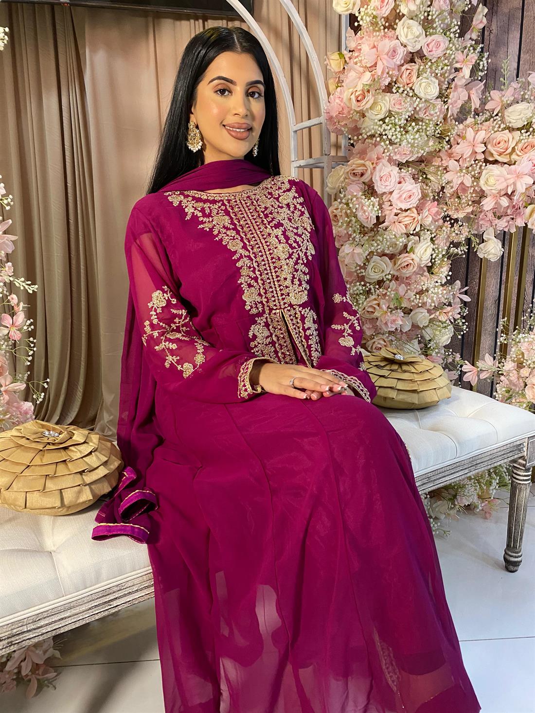 Magenta Embroidered Net Party Wear